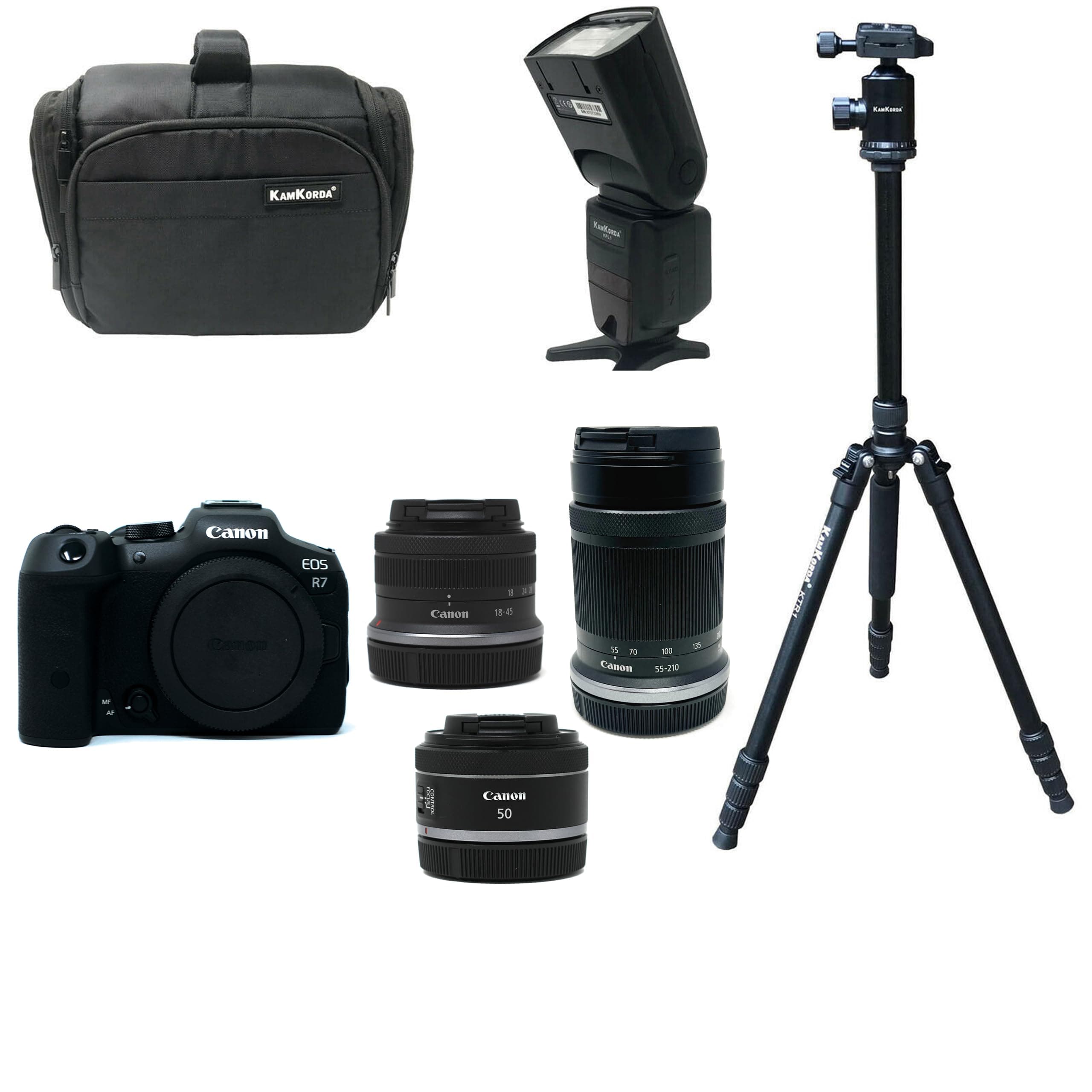 KamKorda Camera Bag + Flash + Tripod + R7 Mirrorless Camera + RF-S 18-45mm + RF-S 55-210mm + RF 50mm f/1.8 STM lenses, 32.5MP APS-C CMOS Sensor, 4K60 10-Bit Video + 2 Year Warranty