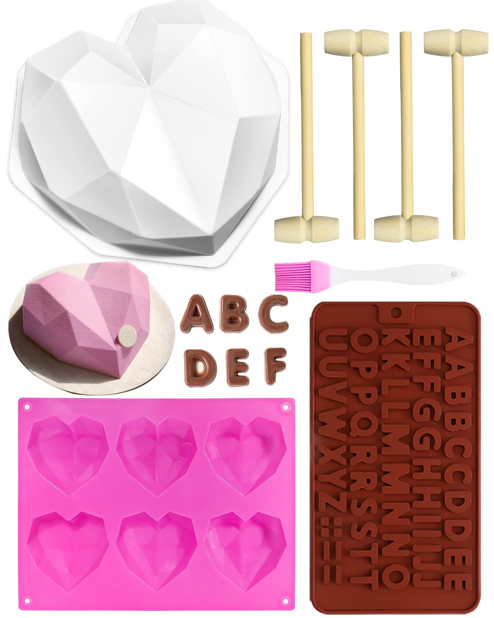 Heart Molds for Chocolate Set - Breakable Heart Silicone Mold with 4pcs Wooden Hammers Number and Letter Mold Heart Button Fondant Mold Perfect for DIY Birthday Valentine Day Gifts