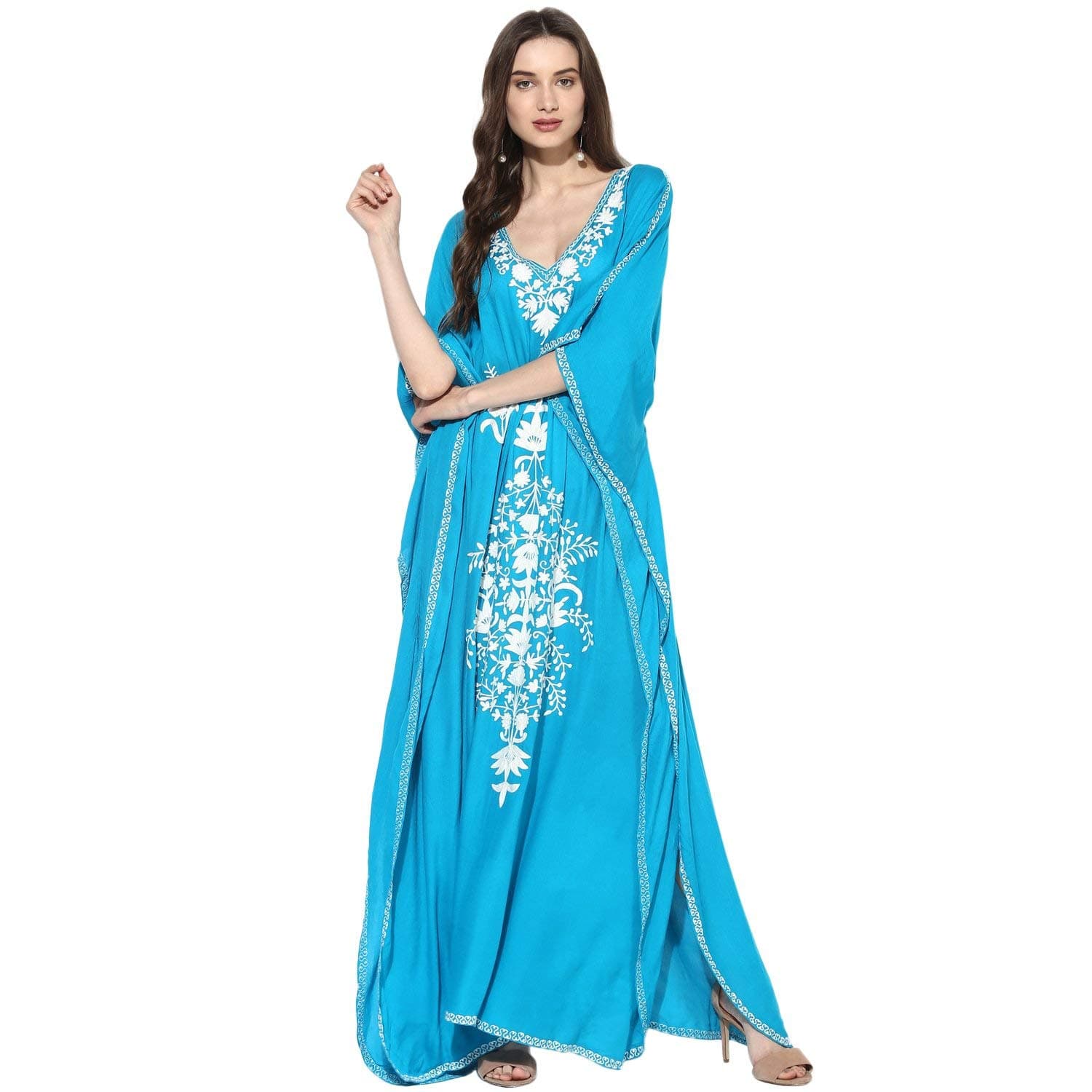 CRAFTBAZARWomen's Boho Embroidered Blue Kaftan (Size-XL)