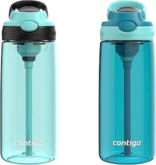 Contigo Aubrey Kids Cleanable Water Bottle with Silicone Straw and Spill-Proof Lid, Dishwasher Safe, 20oz 2-Pack, Jade/Licorice & Juniper/Jade