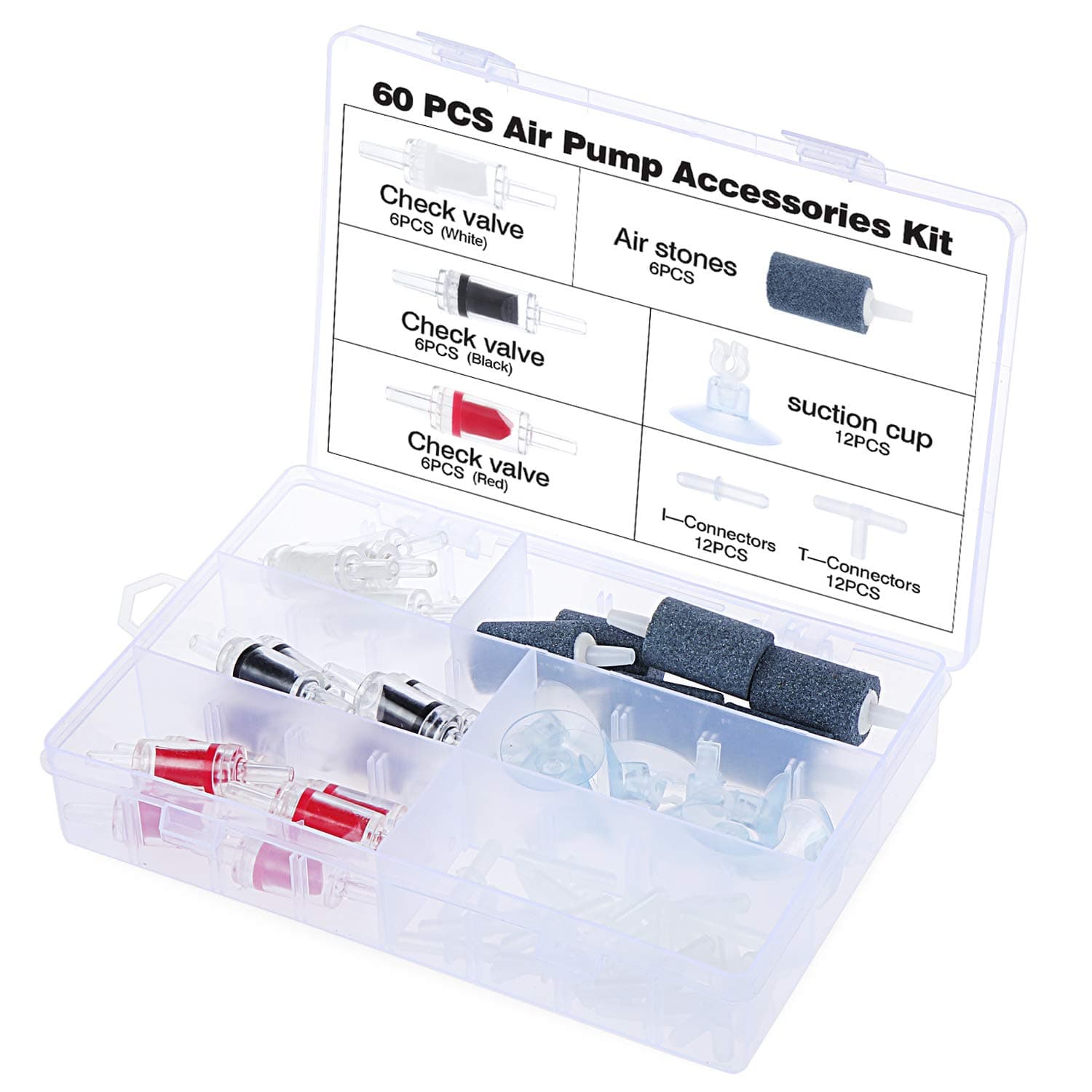 60 Pieces Fish Tank Air Pump Accessories Kits, 18 Check Valves, 6 Bubble Air Stones, 12 Suction Cup Clips, 24 I & T Type Connectors,with Storage Box