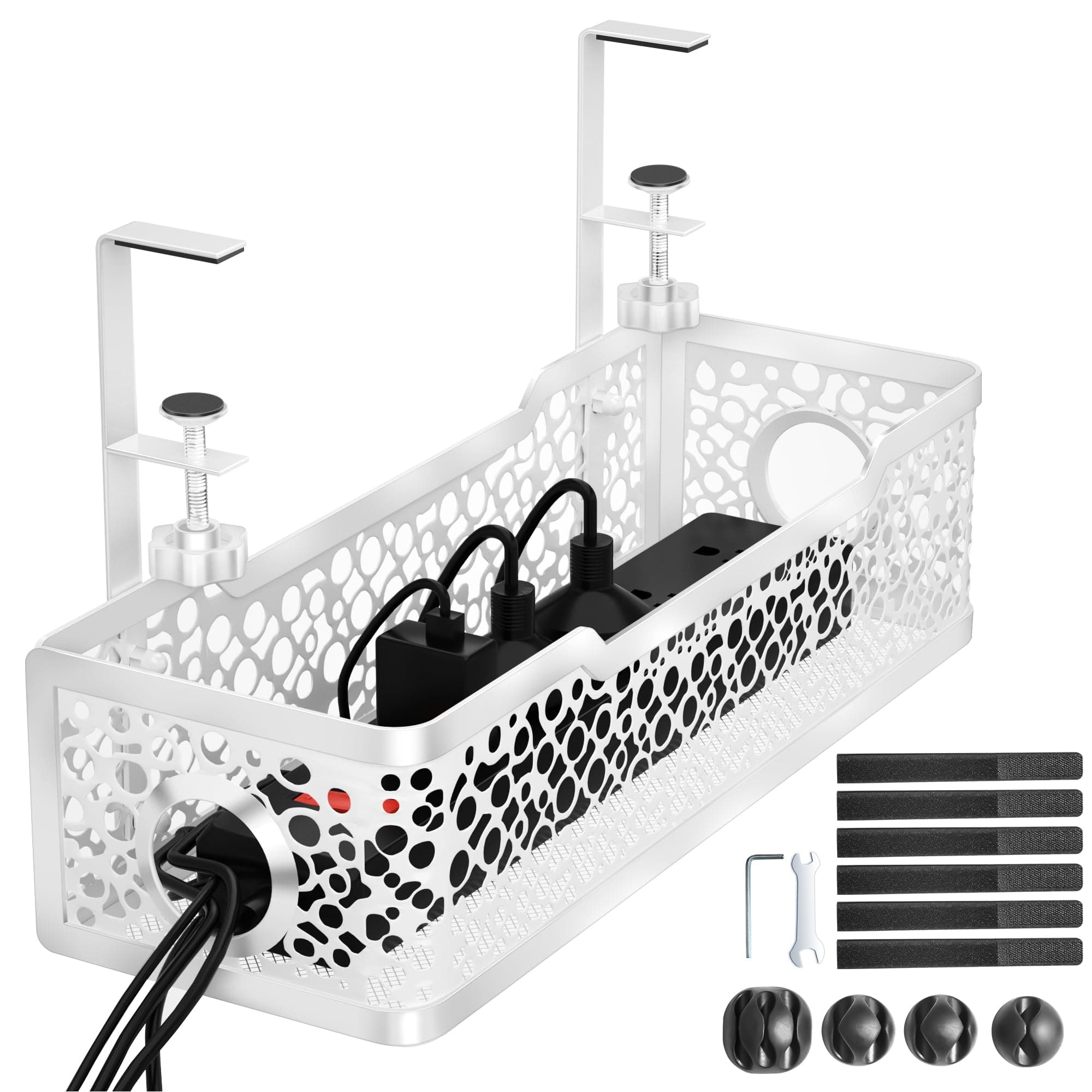 Cinati Under Desk Cable Management Tray No Drill, Upgraded Clamp Box, Computer Cord Organizer For Desk, Wire Office, Home -No Damage To (White)