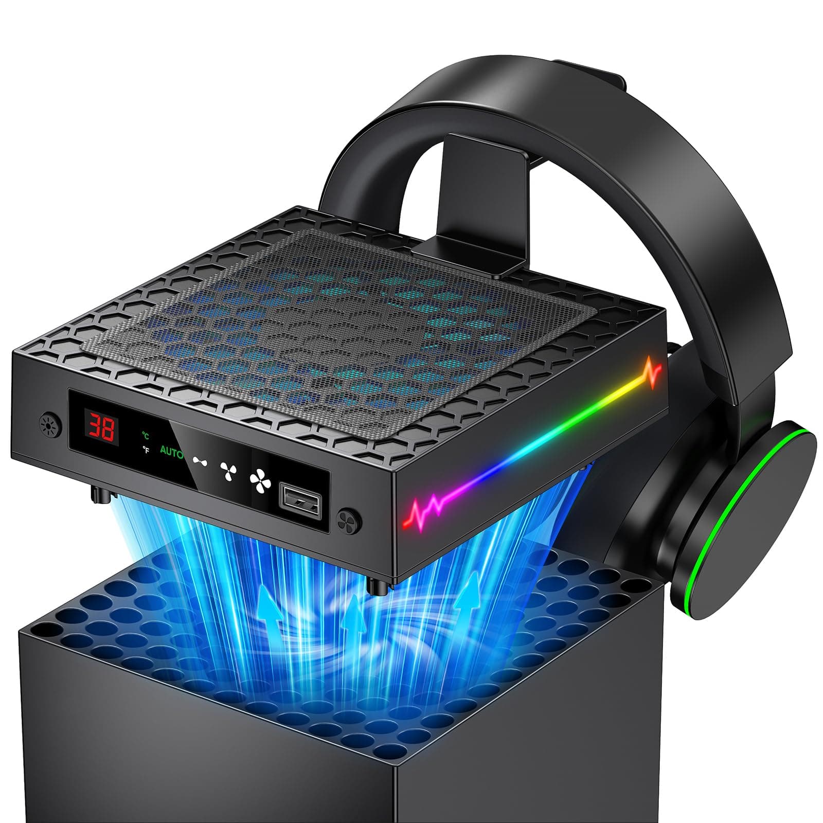 LED Display Auto Cooling Fan for Xbox Series X with 9 RGB Light Modes & Dust Cover, Cooling System Adjustable by Temperature with 4 Gears for Xbox Series X Console, Cooler & Headset Hook, USB Port