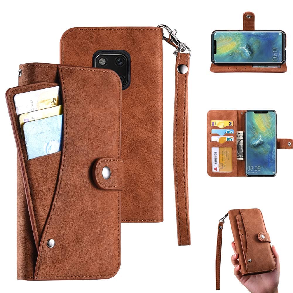 Huawei Mate 20 Pro Case, Huawei Mate 20 Pro Wallet Case, Flip Leather Case 6 Cards/Cash Pocket PU Cover Wrist Strap [Wallet Stand] Phone Case for Huawei Mate 20 Pro (Brown)