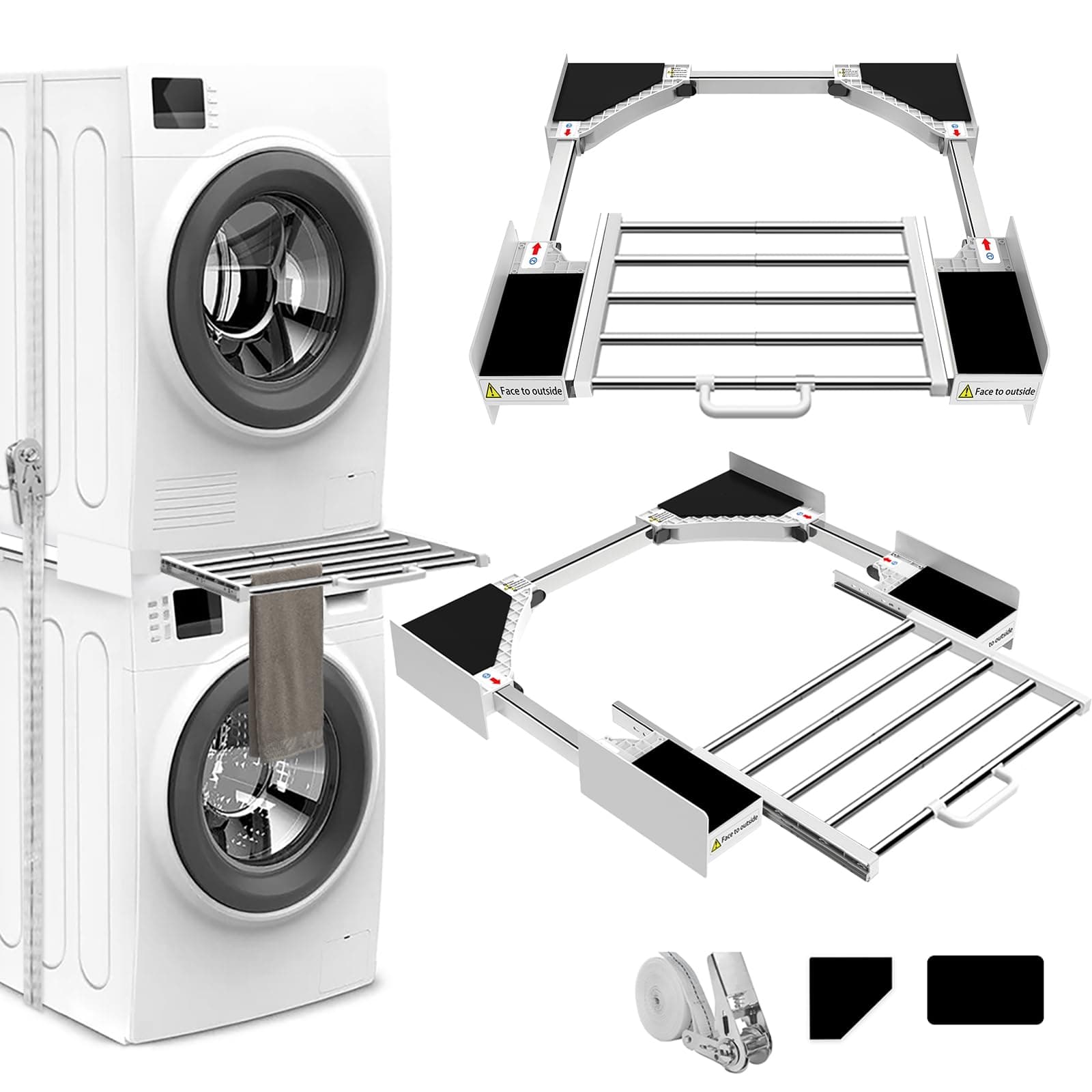 NIUXX Intermediate Frame with Washing Line, Connection Frame Washing Machine Dryer Universal, Connection Frame Intermediate Kit with Extendable Towel Rail, Adjustable Size (53-68 cm)