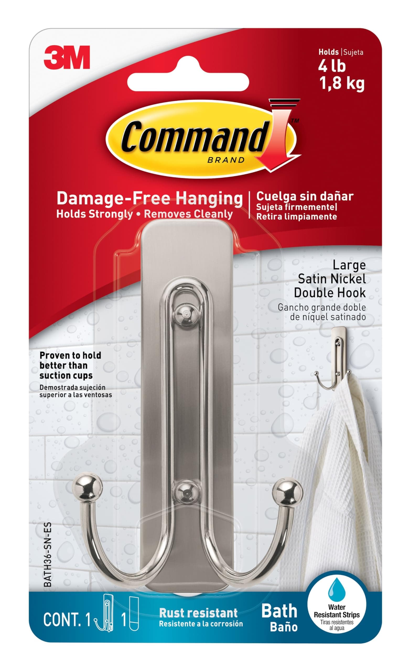 Command Bath Satin Nickel Large Double Hook Silver color, 1 Hook+2 Strips/pack | Holds 1.8kg | Water-Resistant Strips | Organize | Decoration | No Tools | Holds Strongly | Damage-Free Hanging