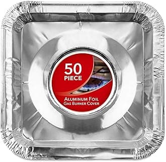 Disposable Gas Burner Liners (50 Pack) Aluminum Foil Square Gas Stove Burner Covers - 8.5 Inch Gas Range Protector, Stove Top Covers for Gas Burners, Foil Liners to Catch Oil, Grease, and Food Spills