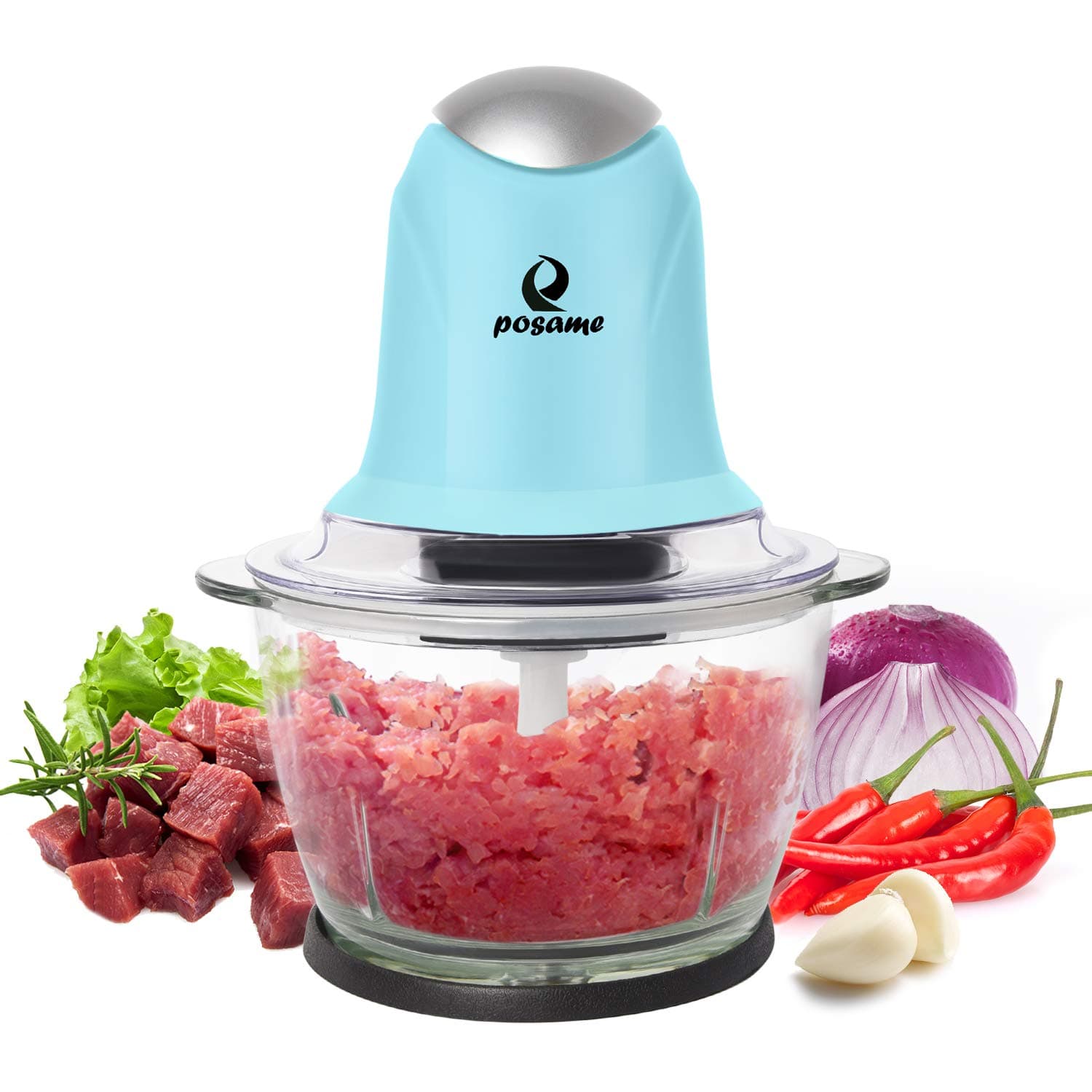 Meat Grinders Electric Food Processor,Mini Kitchen Food Chopper Vegetable Fruit Cutter Onion Slicer Dicer, Blender and Mincer, with 4-Cup Glass Bowl (Blue)