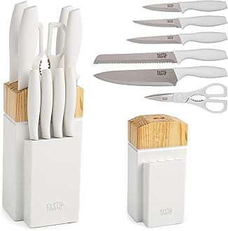 Tasty Kitchen Knife Set with Block, Cutlery Set includes Chef, Bread, Utility, Paring, Steak Knives & Shears, 10-Piece, White
