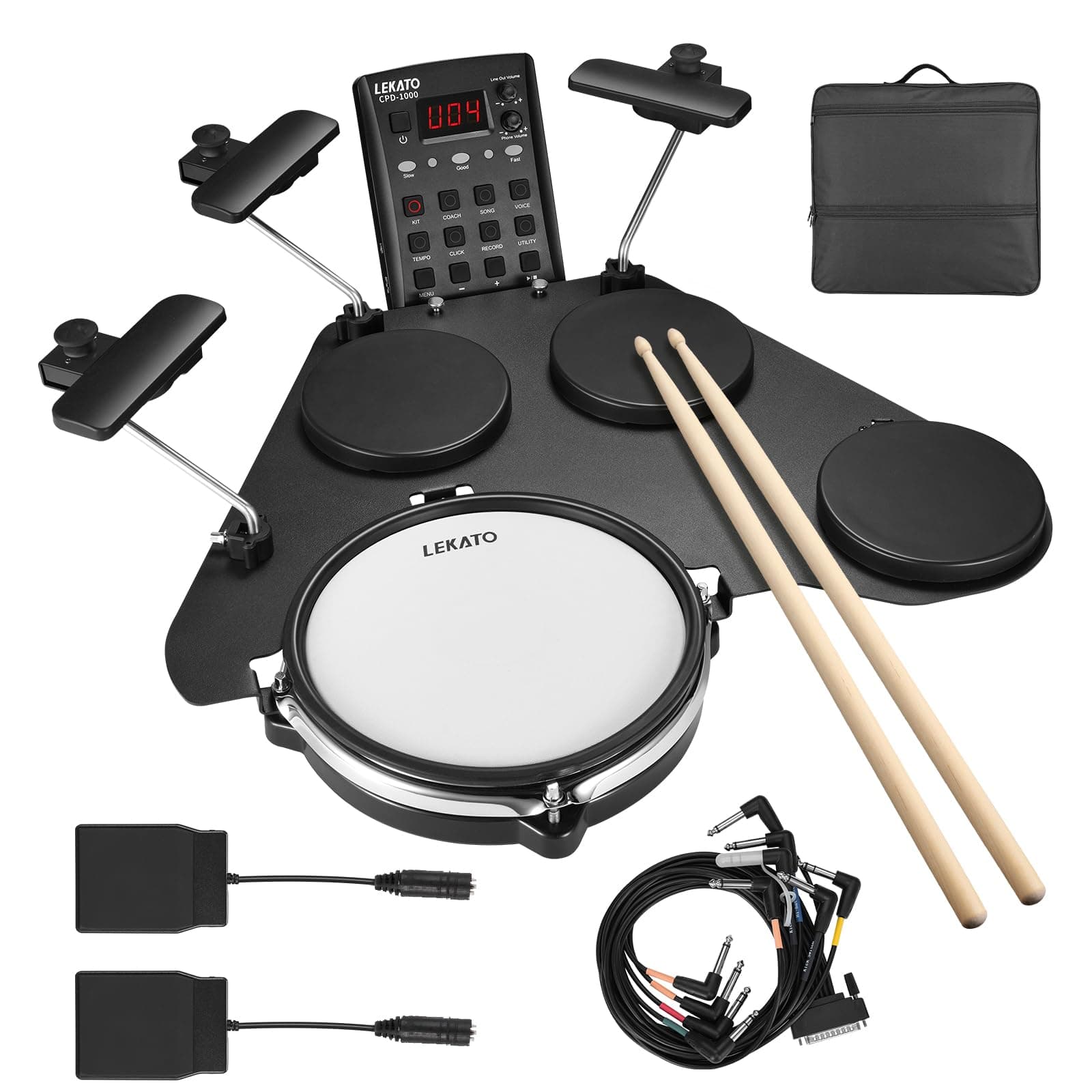 LEKATO Electronic Drum Set, Portable Electric Drum Set with Quiet Mesh Snare Drum Pads, 220+ Sounds, USB MIDI, 2 Switch Pedal, Electric Drum Kit with Sticks, Travel Bag (US)