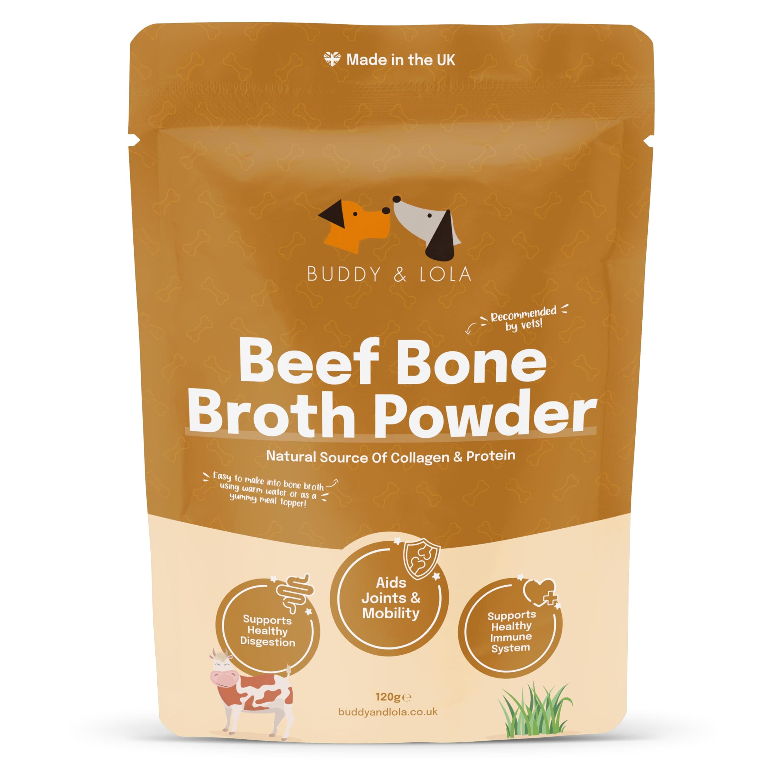 Buddy & Lola Beef Bone Broth Powder | 100% Pure Broth Protein Powder for Dogs | Joint, Digestion & Gut support | Makes 6 litres of Beef Bone Broth