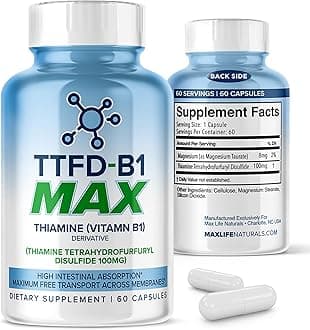 TTFD Thiamine B1 Supplement 60Capsules Made in USA- Thiamine TTFD Vitamin B1 MAX, High-Potency Supplement for Energy & Focus, Supports Healthy Nerve Function & Overall Wellness by MaxLife Naturals