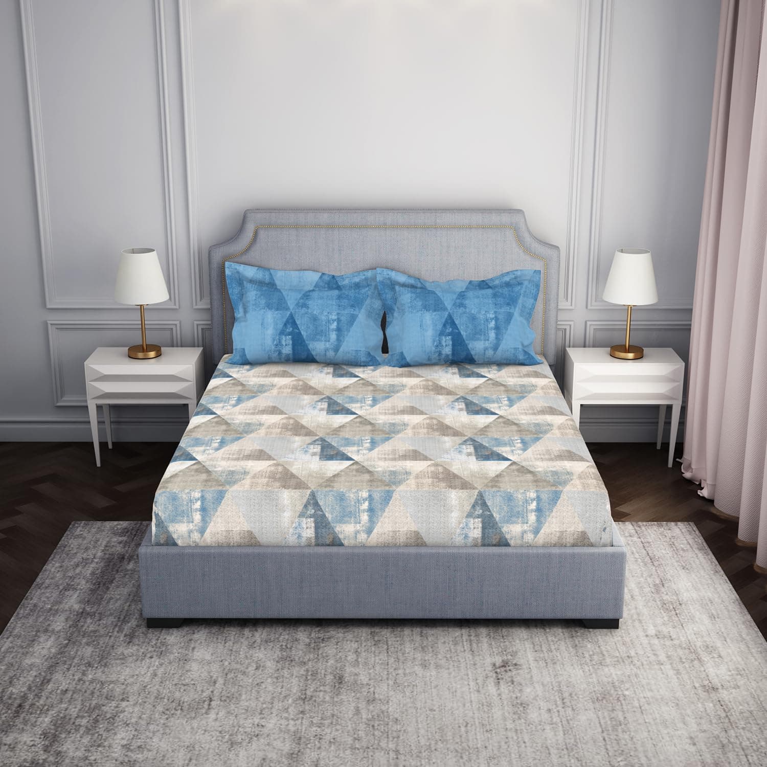 Spaces Atrium 100% Pure Cotton King Size Fitted Bedsheet for Queen Size Bed with 2 Pillow Covers | 144 TC Double Bedsheet with Ornate Print | Breathable & Super Soft (72" X 78" Inches) - Light Blue