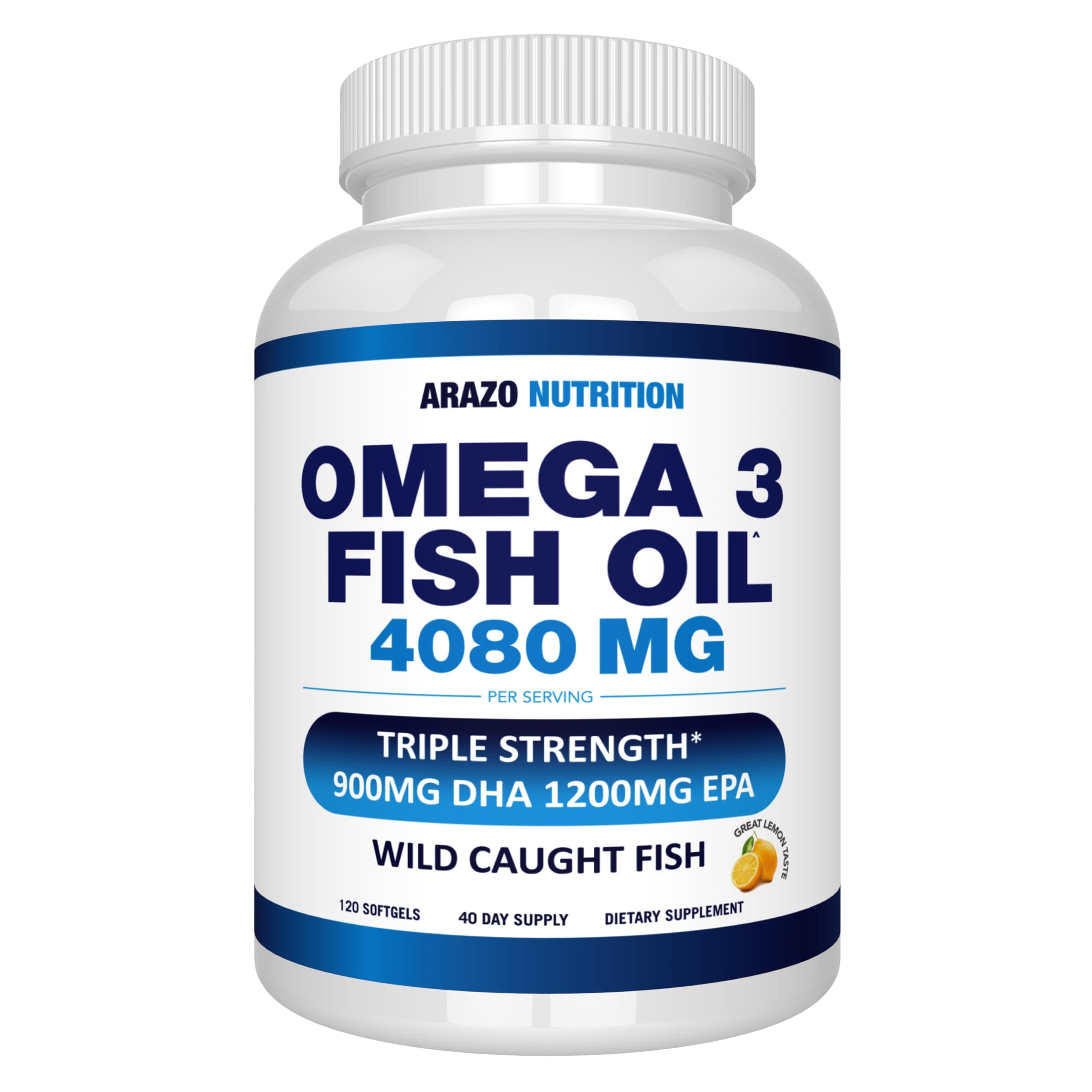 Wild Caught Omega-3 Fish Oil Concentrate – 4,080mg per Serving – High EPA 1200mg & DHA 900mg – 120 Burpless Lemon Softgels
