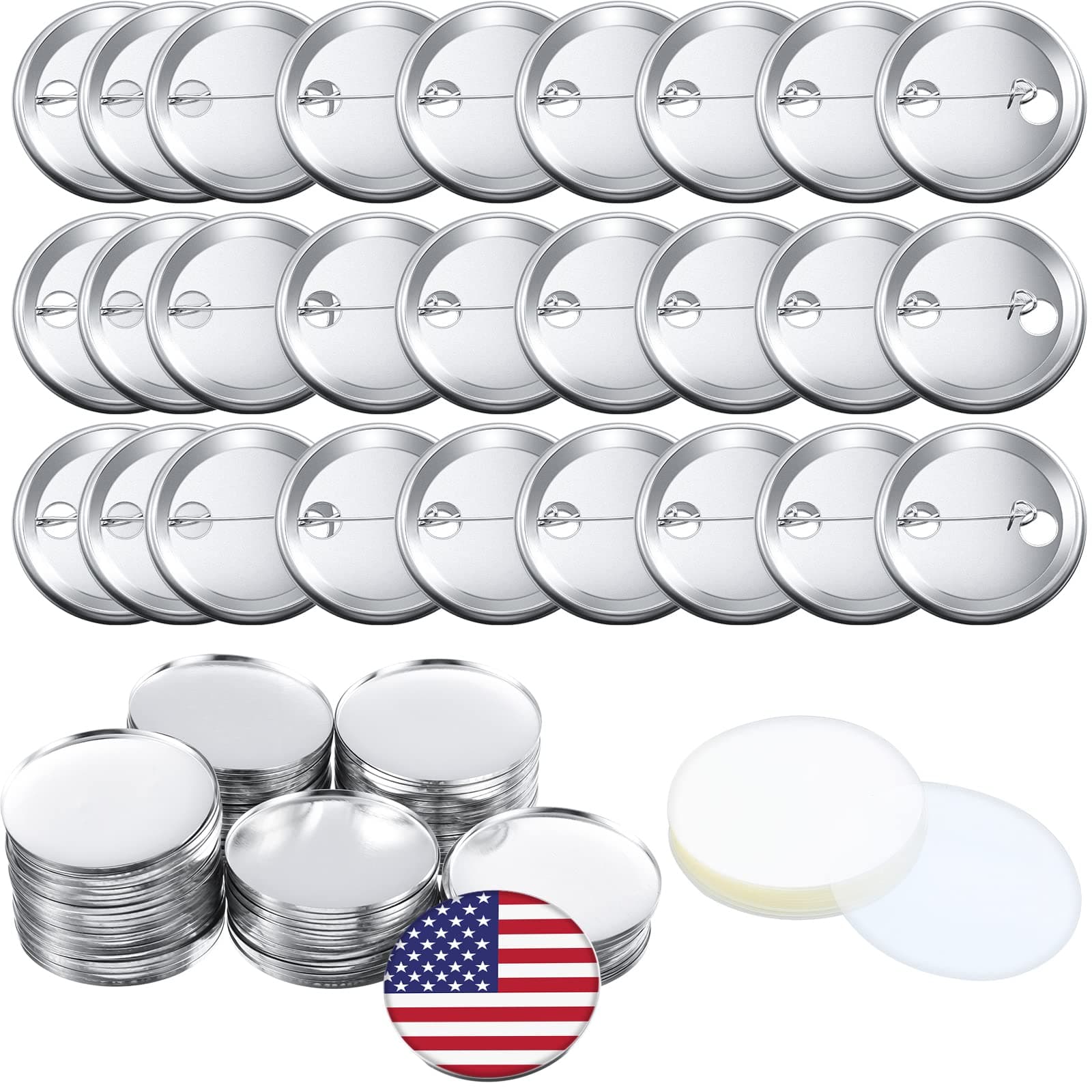150 Pcs Blank Button Making Supplies Round Button Parts Metal Badge Sets for Badge Maker Machine, Include Metal Shells Back Cover Clear Film Components(58 mm/ 2.28 Inch,Silver)