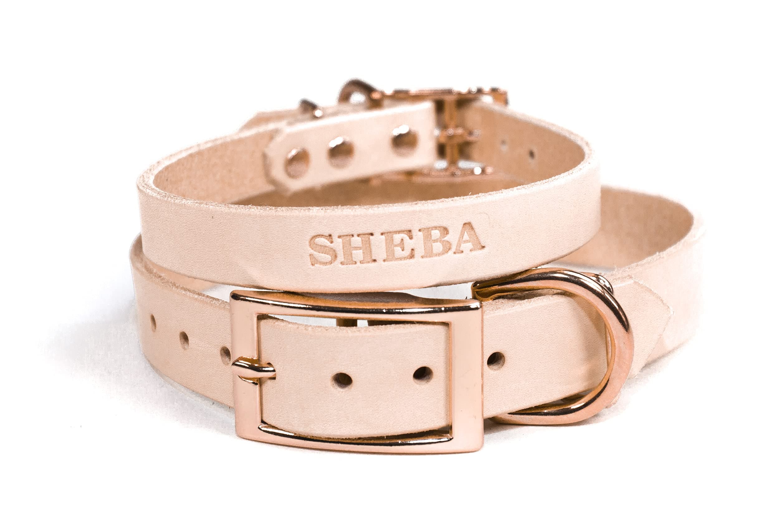 Handmade Personalized Bridle Leather Dog Collar Engraved Pet Name, Copper/Rose Gold Tone Hardware (Natural Beige)