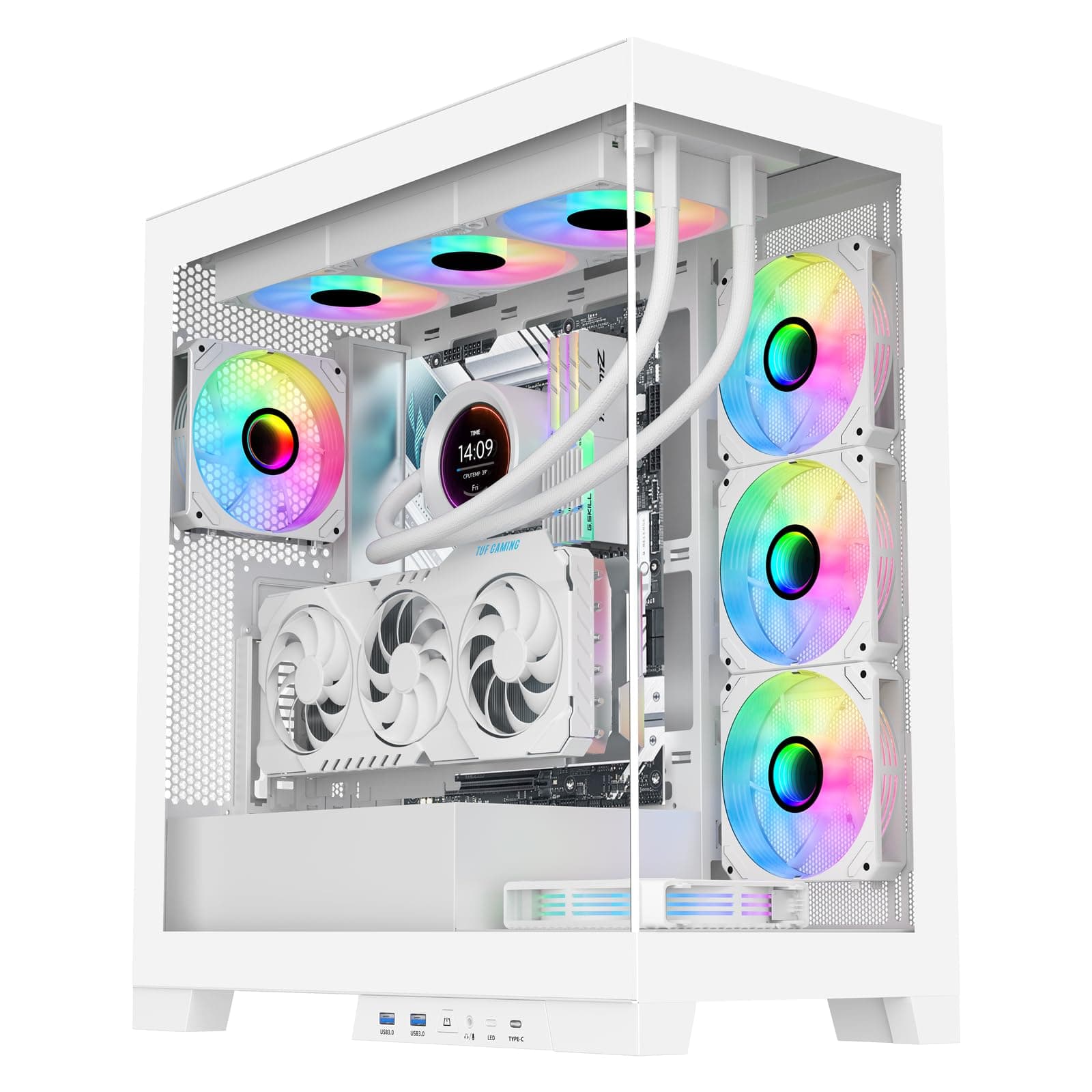 SAMA NEVIEW 4503 Mid Tower PC Case, Panoramic Dual Tempered Glass ATX Gaming Case, 4×120mm ARGB Fans with Hub, High Airflow, Back-Connector Ready, Type-C & 2× USB 3.0, 360mm AIO Support, White