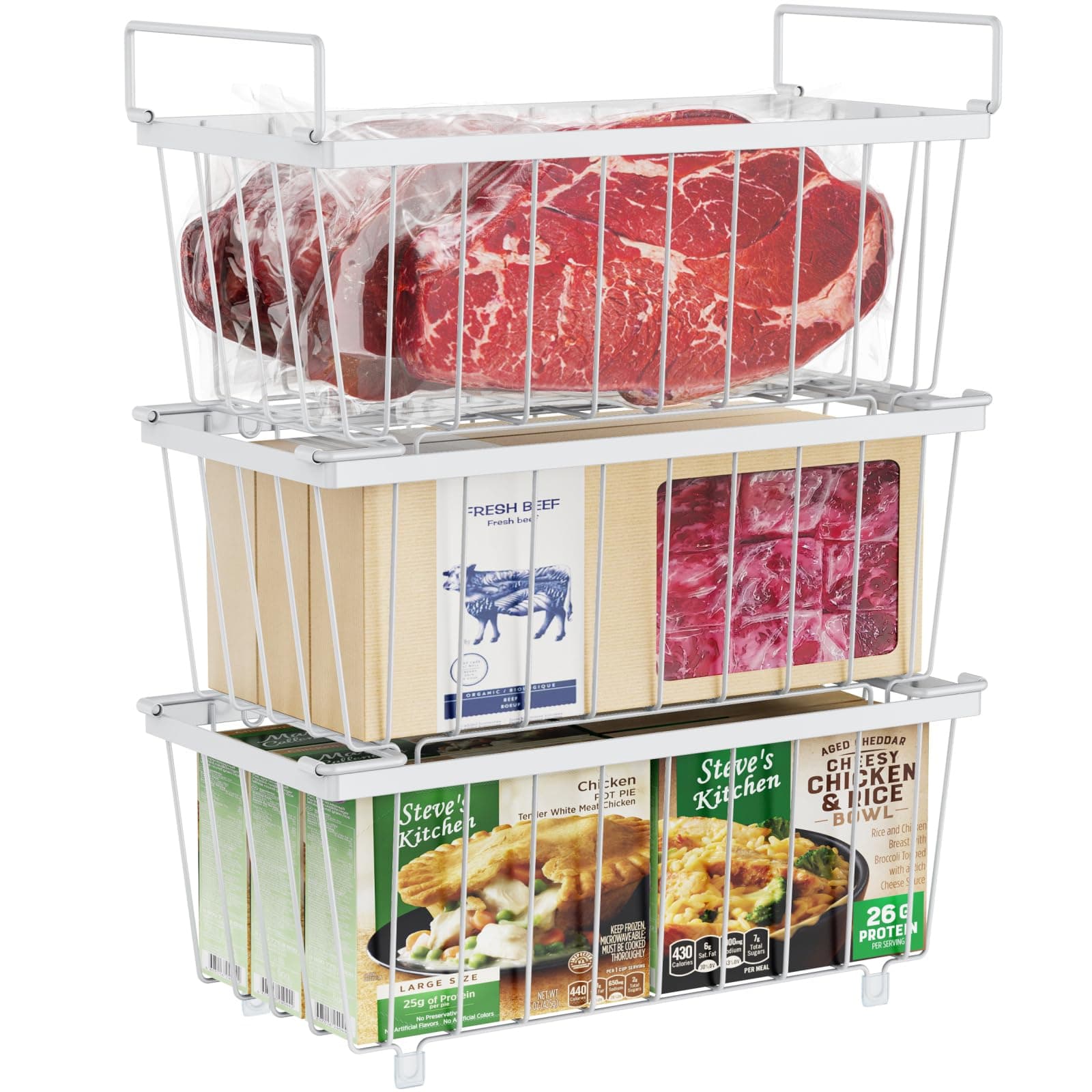 iSPECLE Chest Freezer Organizer Bins - Fits 7 Cu.Ft Deep Freezer, 3 Pack Stackable Wire Baskets(14.7" Length), Heavy Duty Coated Freezer Organizer, Rust Resistant for Frozen Food Sorting, White