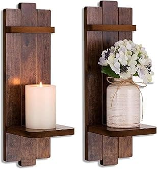 Rustic Candle Holder Farmhouse Wall Decor - Brown Candle Sconces Set of Two Wooden Vintage Hanging Wall Decoration for Fireplace Mantel Living Room Bedroom Dining Room