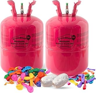 GreatWhip 13L Helium Tank Up To 50 Latex Balloons, Helium Tank For Balloons At Home, 50 Latex Balloons And Ribbons Included. (2 Boxes)