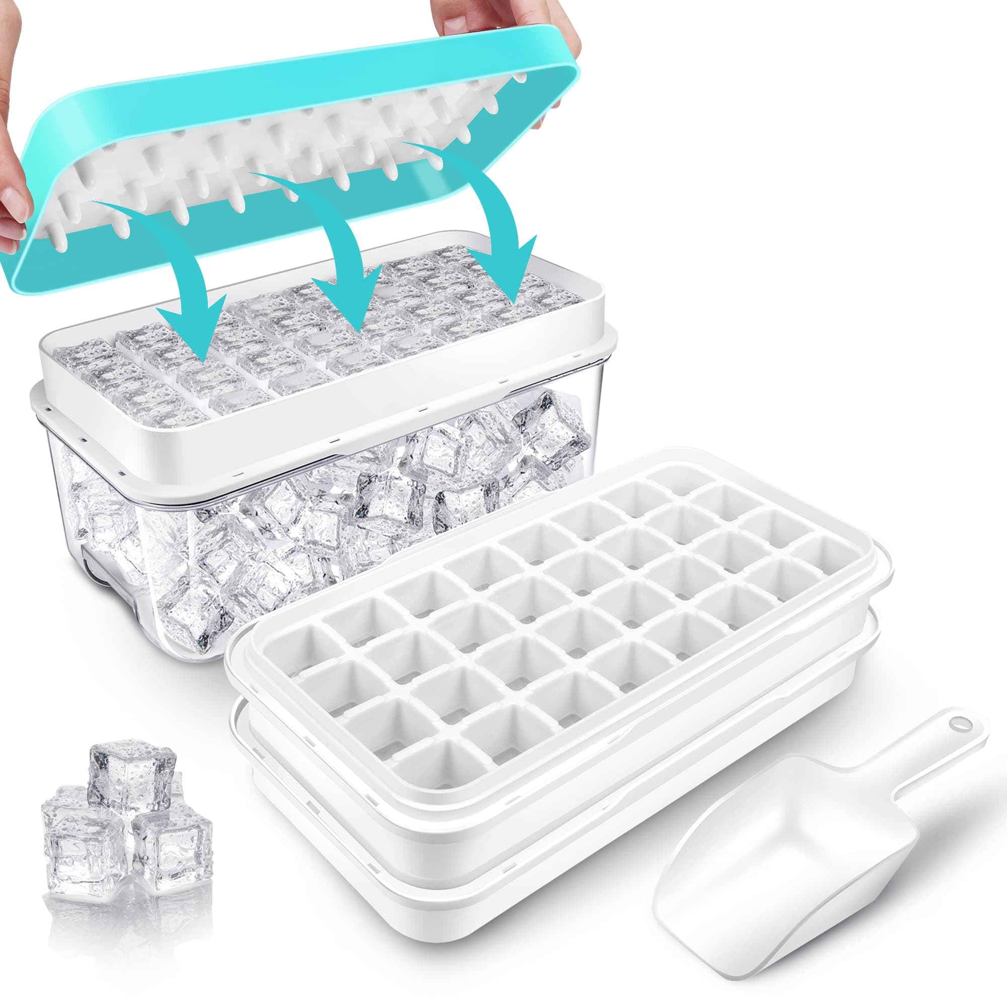 QUELIEN Ice Cube Trays for Freezer, 2-Tier, Blue, 64pcs, Includes Lid, Bin, Scoop, Press Plate
