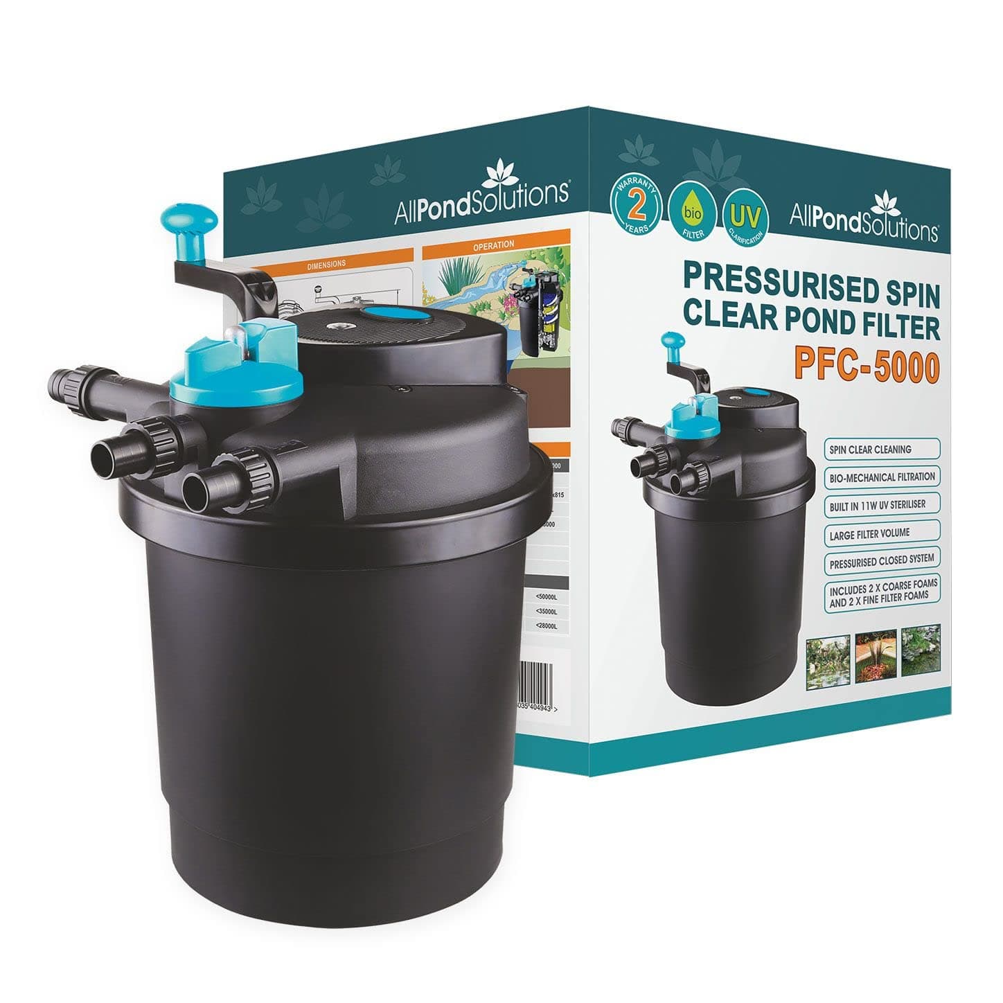 Pressurised Koi Fish Pond Filter with UV Steriliser – All in one UV Pond Filter System - Easy to Clean & Maintain - for Outdoor Ponds Up to 5000 litres - PFC-5000