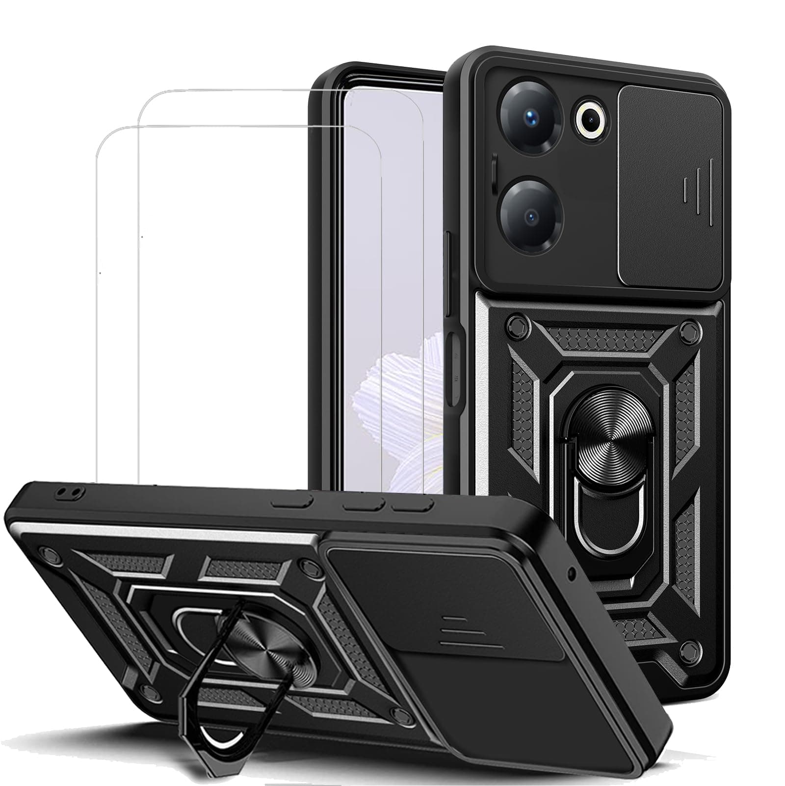 for Tecno Camon 20 Pro 5G Case with Camera Cover and Stand Kickstand Ring with Tempered Glass Screen Protector [2 pieces],Military Grade Shockproof Protective Cover, Black