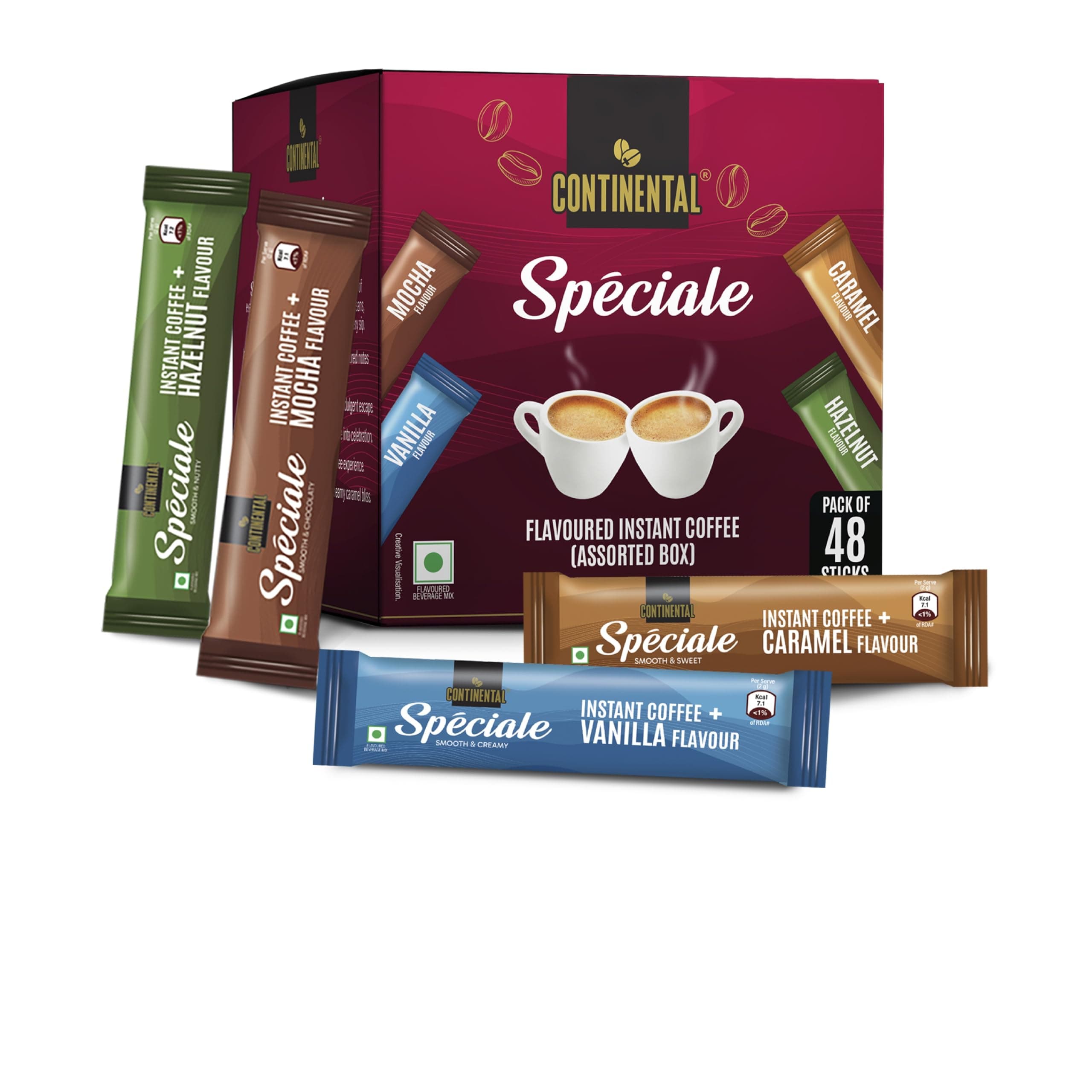 Continental Speciale Assorted Coffee Sachets - 96gm | Pack of 48 | Flavour Instant Coffee Powder | 2g Each - Hazelnut, Vanilla, Mocha, Caramel | Makes 48 Cups | Enjoy Hot or Cold