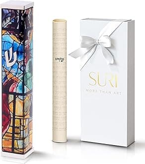 SURI Mezuzah for Door with Printed Scroll Inside | 4" Modern Mezuzah Case in Yellow & Silver Marc Chagall Design | Adhesive Included - Ideal Jewish Gift from Israel