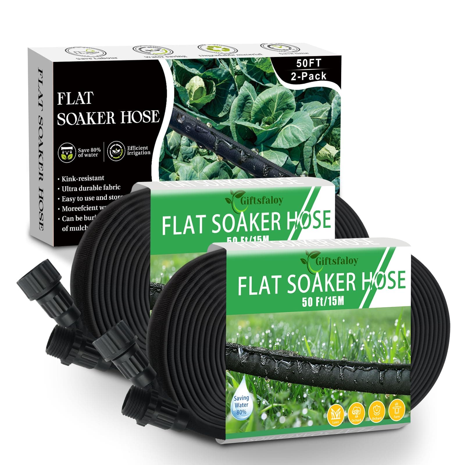 Flat Soaker Hose 100ft, Garden Hose with Heavy Duty Double Layer Design, Drip Irrigation Hose Saves 80% Water, Leak Proof Sprinkler Hose for Garden, Lawn, Vegetable plot (50ft x 2)