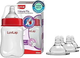 Luvlap Anti-Colic Natura Flo Teat/Nipple for Wide Neck Bottle, 4pcs, Fast Flow, 6m+ & LuvLap Anti-Colic Wide Neck Natura Flo Baby Feeding Bottle, 150ml, New Born/Infants/Toddler Upto 3 Years, BPA Free
