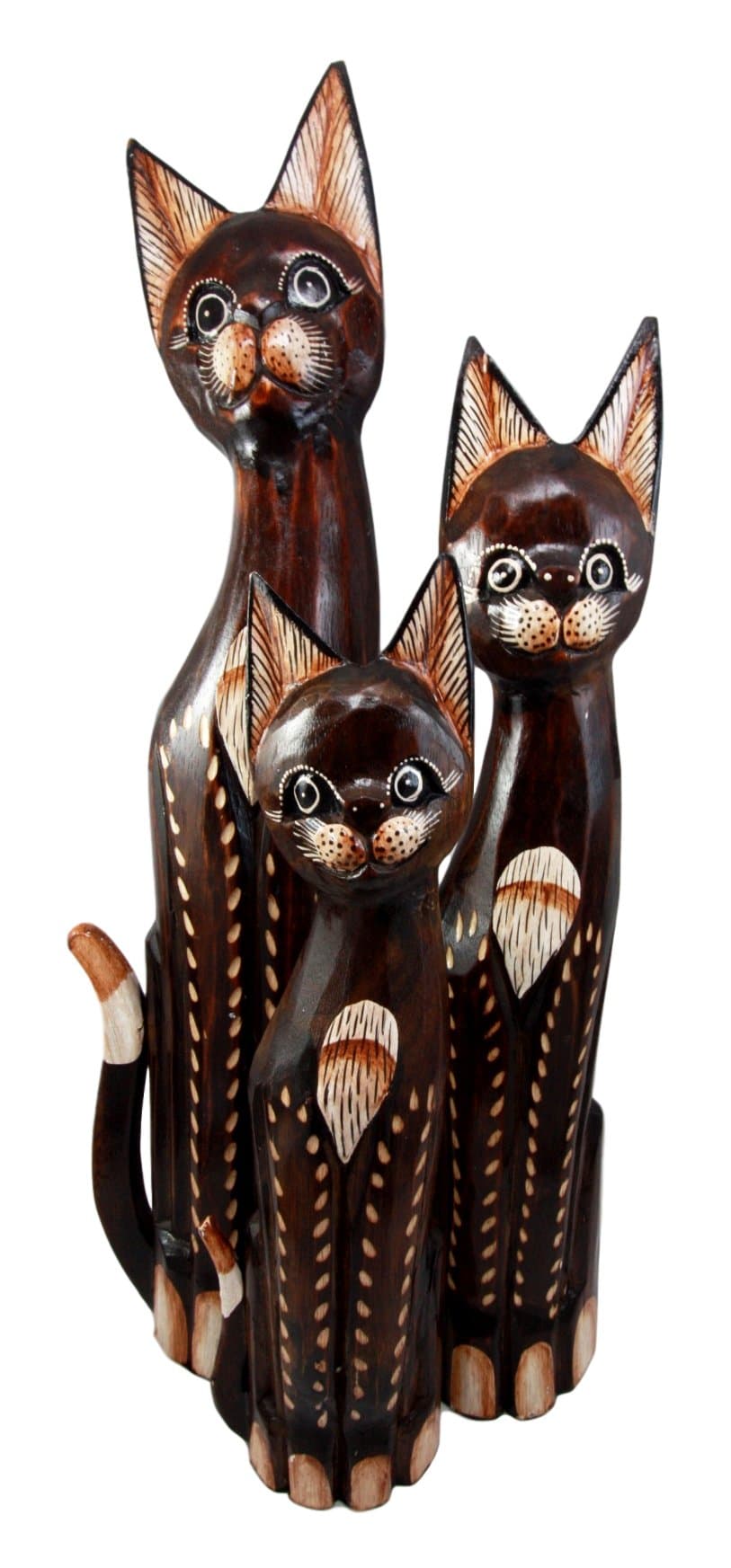 Balikraft Hand Made Wood Artisans "Kucing Borneo" Large Pattern Carving Feline Cats Family Set of 3 Decorative Figurines 24"H