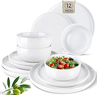 Dinnerware Sets for 4, 12 Pieces Ceramic Plates and Bowls Set, Handcrafted Stoneware Plates Sets, Dishwasher & Microwave Safe Dishes