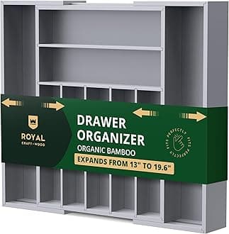 Luxury Bamboo Kitchen Drawer Organizer - Silverware Organizer - Utensil Holder and Cutlery Tray with Grooved Drawer Dividers for Flatware and Kitchen Utensils (9 Slot, Gray)