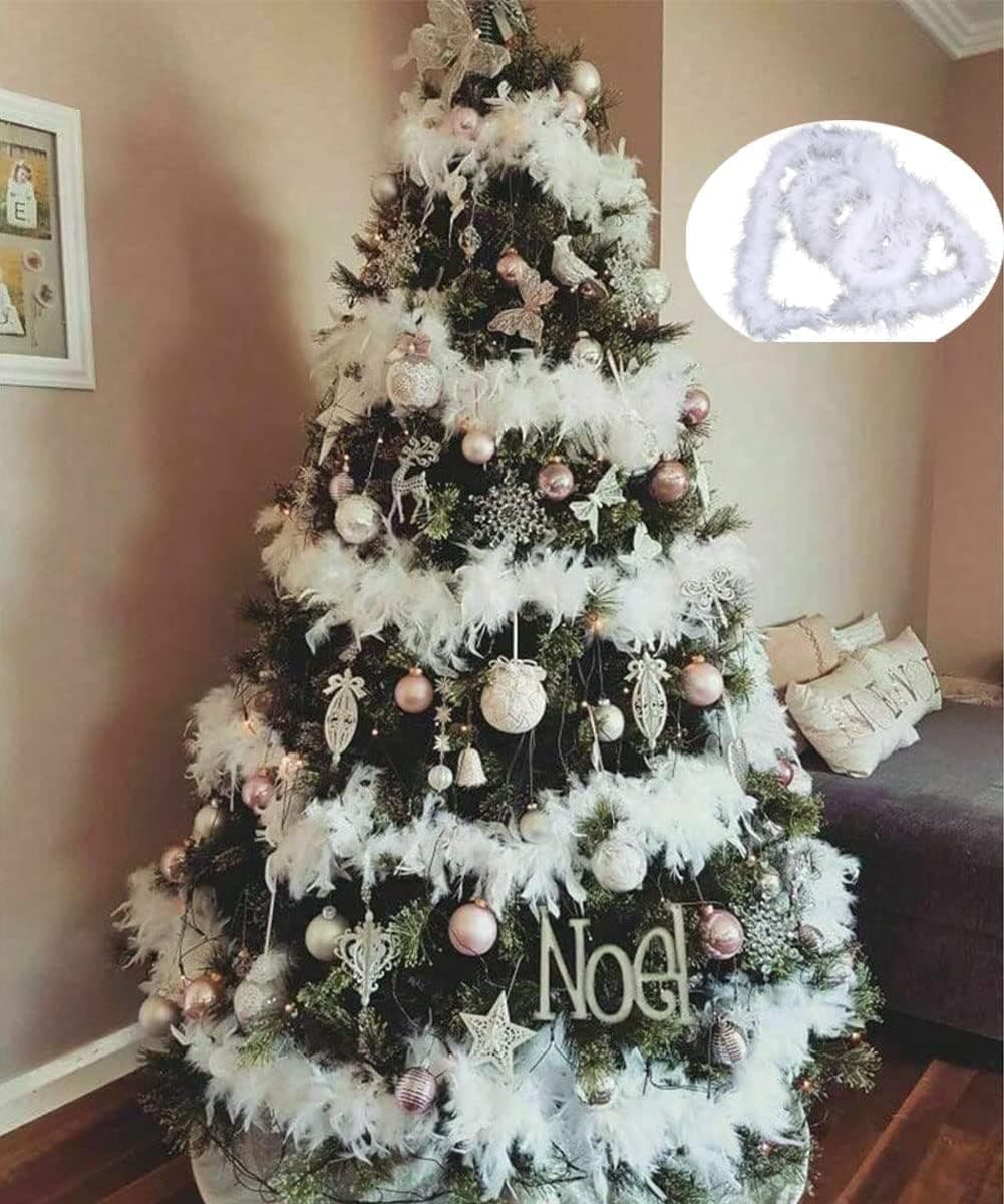 Christmas Tree White Feather Boa Garland, 5Pcs 2m Fluffy Boa Ribbon Strip Garland for Xmas Tree Home Indoor and Outdoor Decoration
