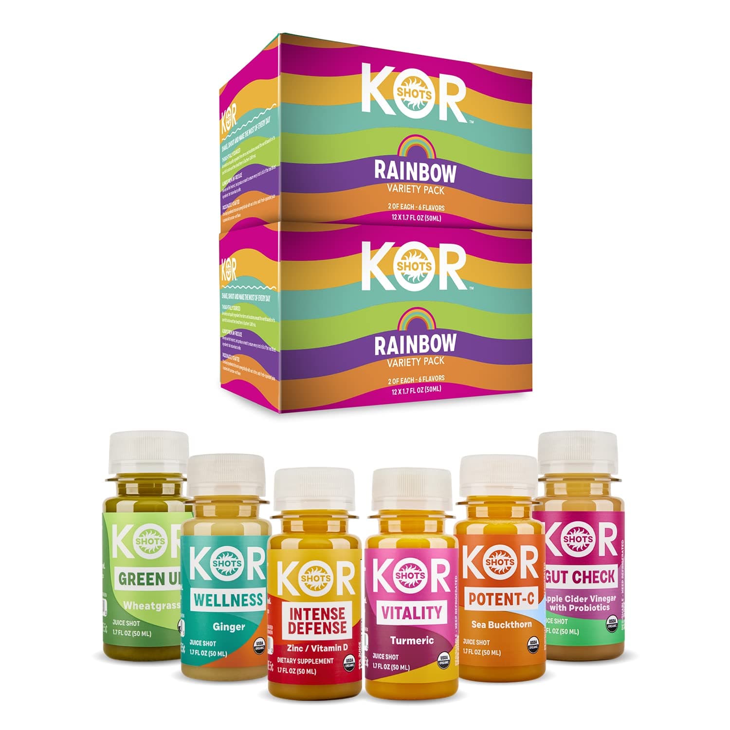 Kor Shot Variety Shot Pack - 24 Pack x 1.7 Fl Oz - Rainbow Pack - Fresh, Nutrient Rich Juice Shots - USDA Certified Organic