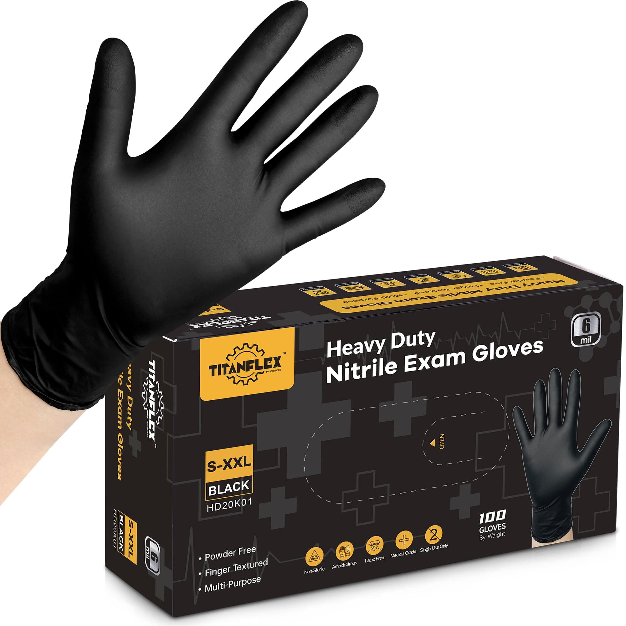 TitanFlex Black Nitrile Gloves Heavy Duty 6-mil, 100 Count Medical Grade Disposable Gloves Latex Free & Powder Free Finger Texture Non-Slip for Tattoo, Cooking, Food Prep, Cleaning (Large)