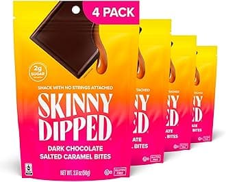 SkinnyDipped Dark Chocolate Salted Caramel Bites, 2g Sugar per Piece, Keto Friendly, Low Calorie Gluten Free, 4 Pack