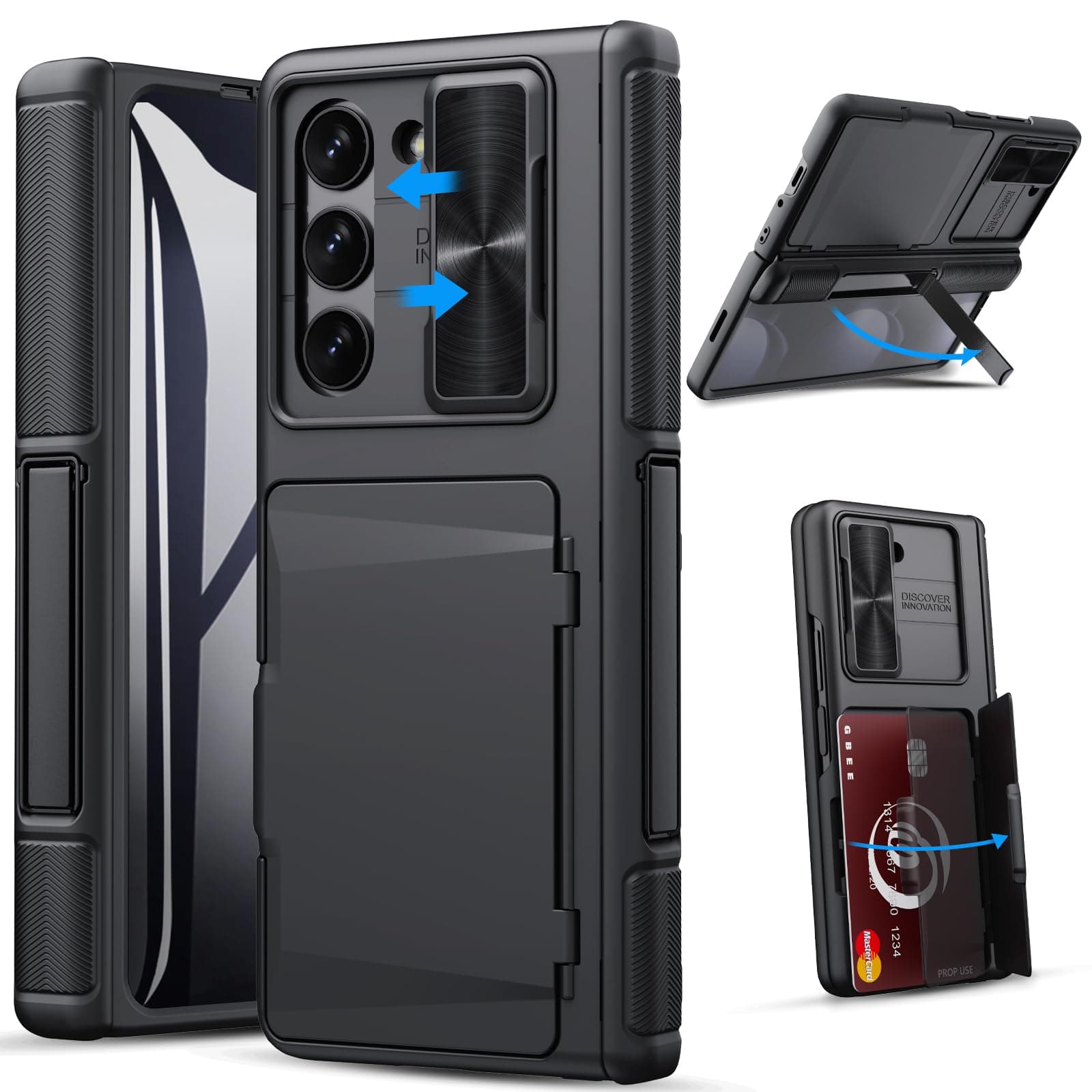 GBEE for Samsung Galaxy Z Fold 5 Case with Kickstand & Screen Protector & Card Holder & Sliding Camera Cover & Hinge Protection, Durable Rugged Stand Wallet Phone Case for Galaxy Z Fold 5 2023, Black