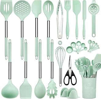 Silicone Cooking Utensils Set, 28 Pcs Kitchen Utensils Set for cooking, 446°F Heat Resistant Spatula Set, Food Grade Silicone and Stainless Steel Handle Kitchen Gadgets for Nonstick Cookware BPA Free