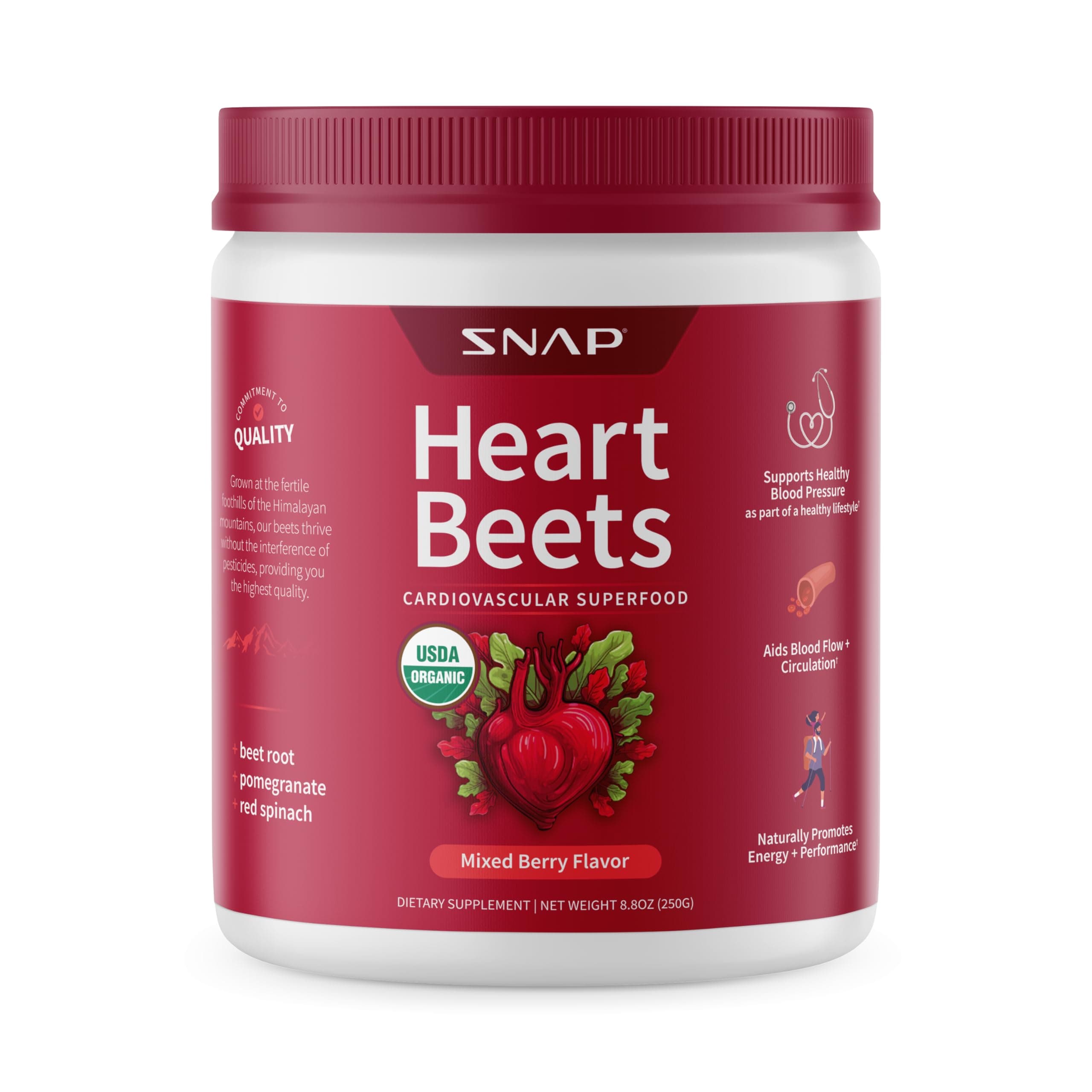 - Heart Beets, Organic Beet Root Powder, Cardiovascular Support Supplement for Men & Women, Beets, Pomegranate, B Vitamins & Red Spinach, Heart Health Support, 30 Servings, Mixed Berry