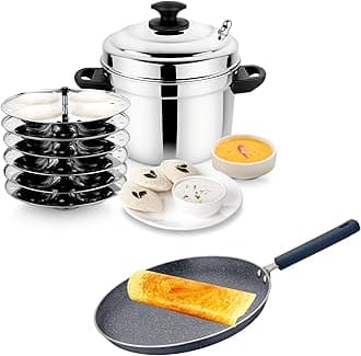 Prabha Stainless Steel 6 Plate Idli Cooker & Stella Marble Coating Dosa Tawa 28cm | Ceramic Dosa Tawa Non-Stick | Kitchen Cookware Steamers Idli Makers | Idly Maker 6 Plates Compatible with Induction and Gas Stove
