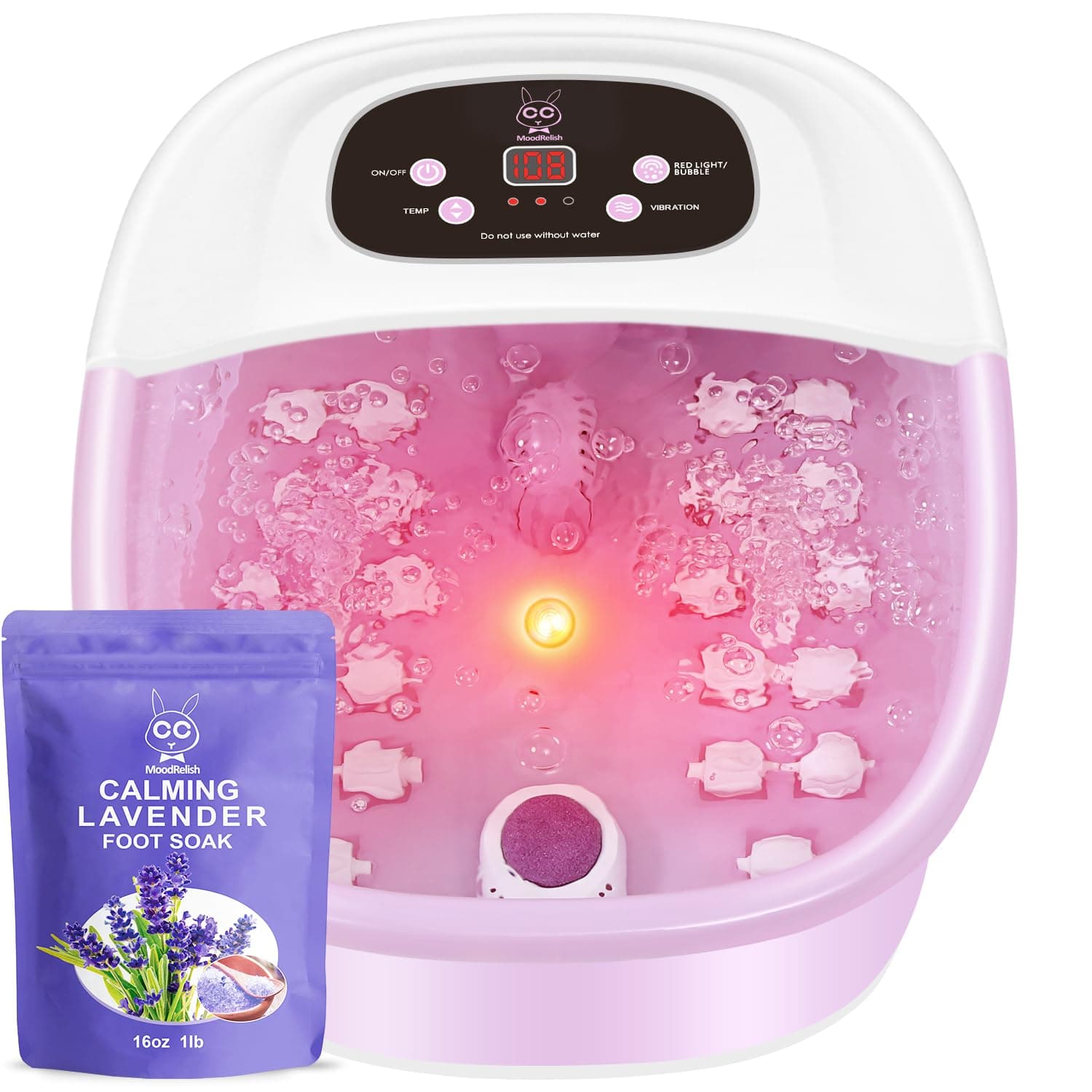 Foot Spa Bath Massager with Heat Bubbles and Vibration Massage and Jets, 16 OZ Calming Lavender Foot Soak Epsom Salt, Foot Soaker with Red Light, 22 Massage Rollers, Adjustable Temp - Pink