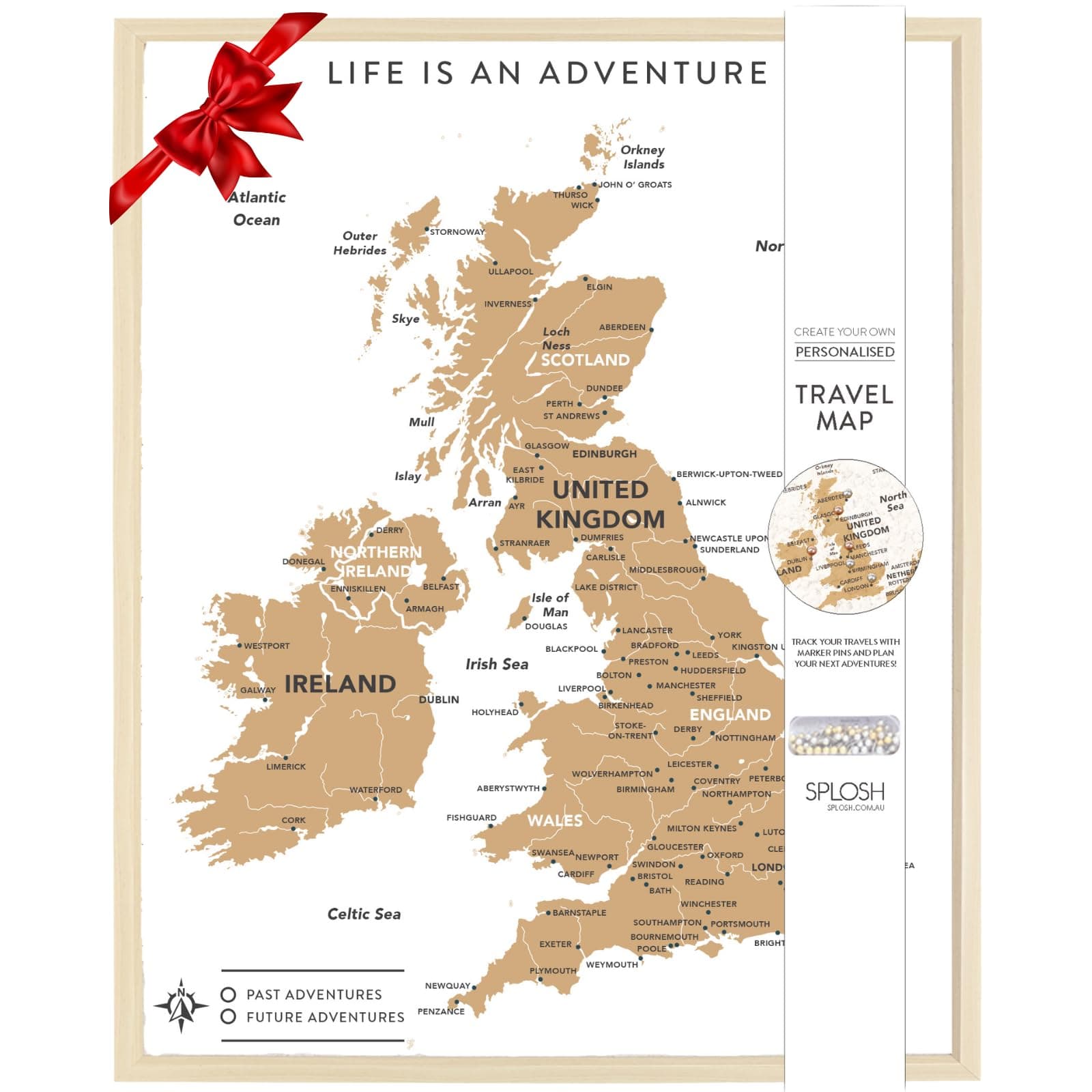 Splosh Travel Map - Desk UK Map Pin Board in White, Wooden Frame. Travel Map with 100 Pins in 2 Colours to Personalise and Mark Your Past and Future Adventures
