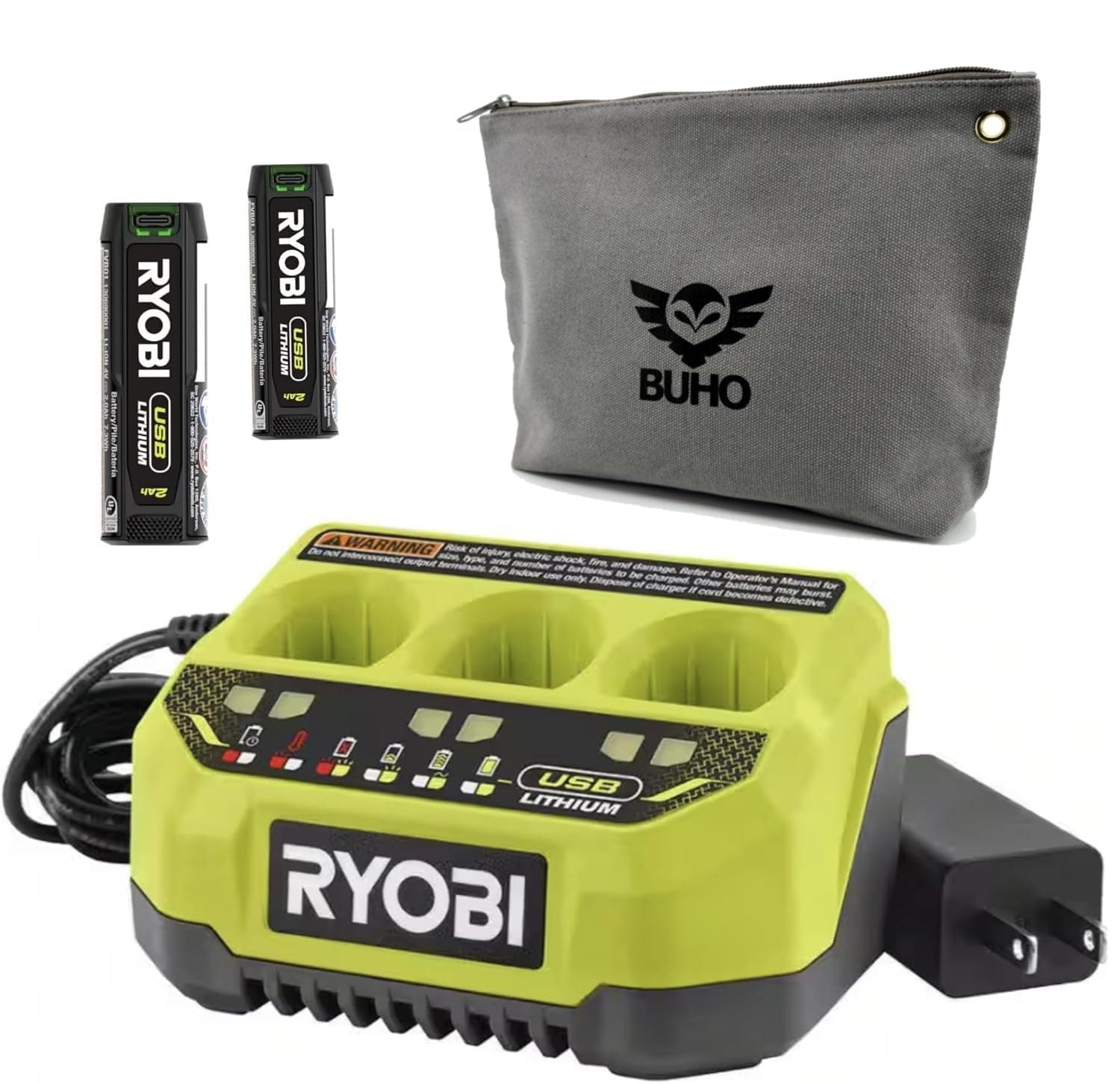 Buho Ryobi 3 Port Battery Charger Bundle with Tool Pouch and 2 Lithium Batteries - for Ryobi USB Lithium 4-Volt Batteries - Consecutively Charge and Maintain Up to 3 Batteries