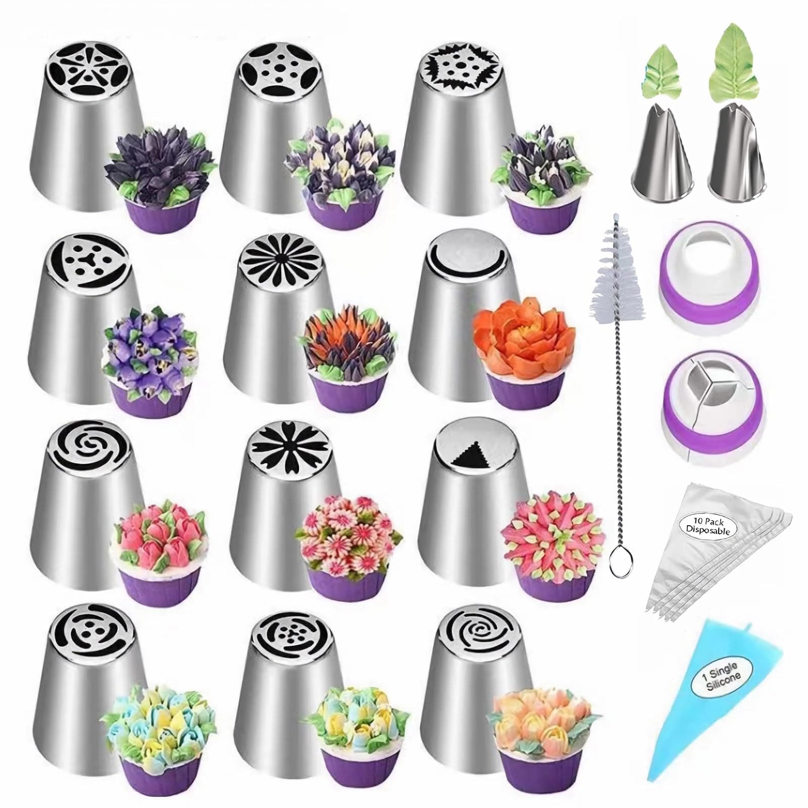 MDLJG 28 Pcs Russian Piping Tips Set, Frosting Nozzle Kit, Baking Supplies for Cookie Cupcake (12 Icing Tips 10 Pastry Baking Bags 2 Leaf Piping Tips 2 Couplers 1 Silicone Bag 1 cleaning brush)