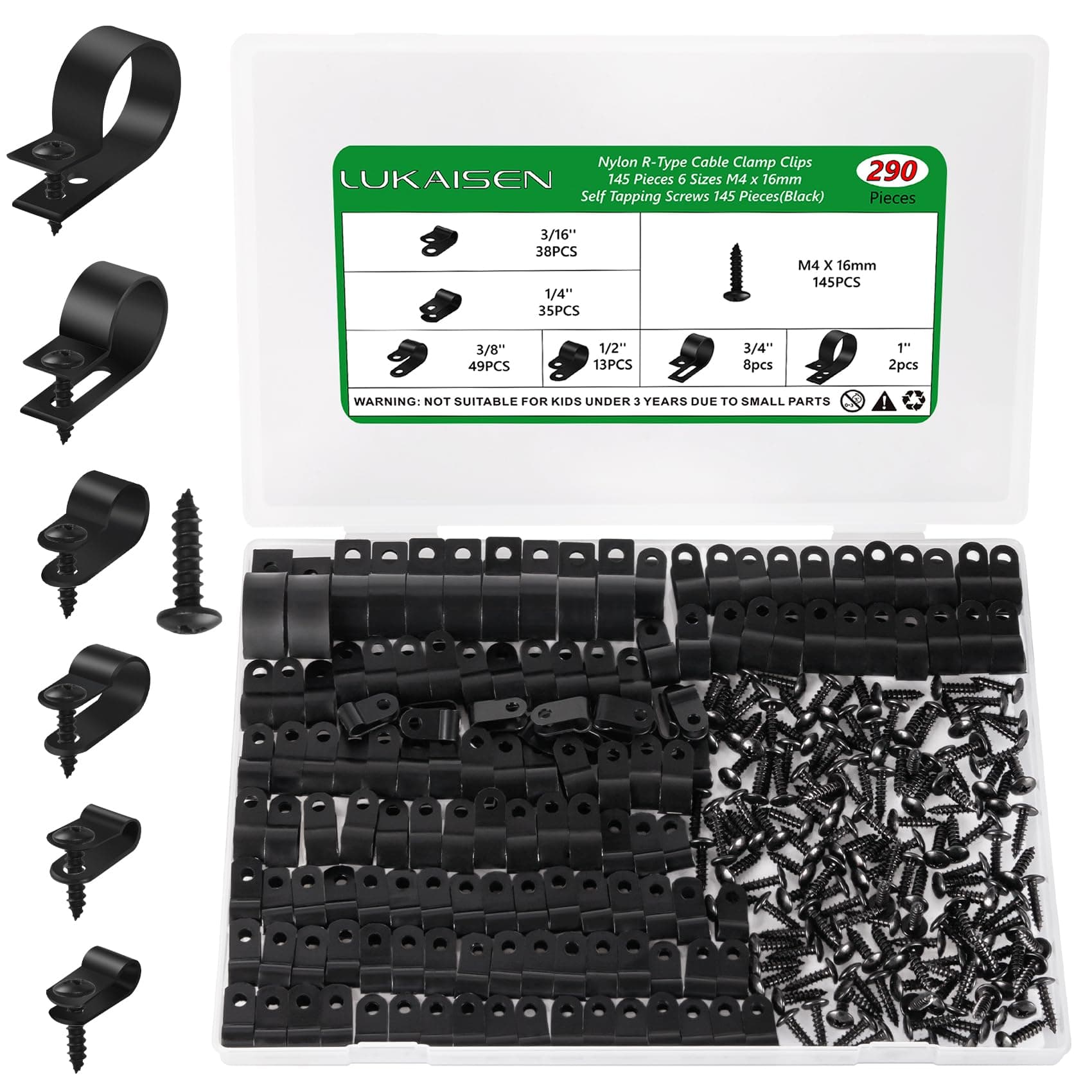 Cable Clips for Cable Management Cord Organizer, 6 Sizes 290 PCS Nylon R-Type, 3/16'' 1/4'' 3/8'' 1/2'' 3/4'' 1'' Black Plastic Screw Mounting Cord Fastener Clamp Assortment Kit with M4 Screws