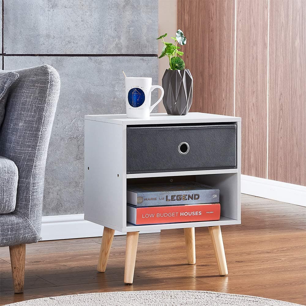 Redd Royal White Lamp Side End Table with Wood Legs, White Bedside Table for Bedroom Living Room with 1 Shelf 1 Fabric Drawer, Small Nightstand