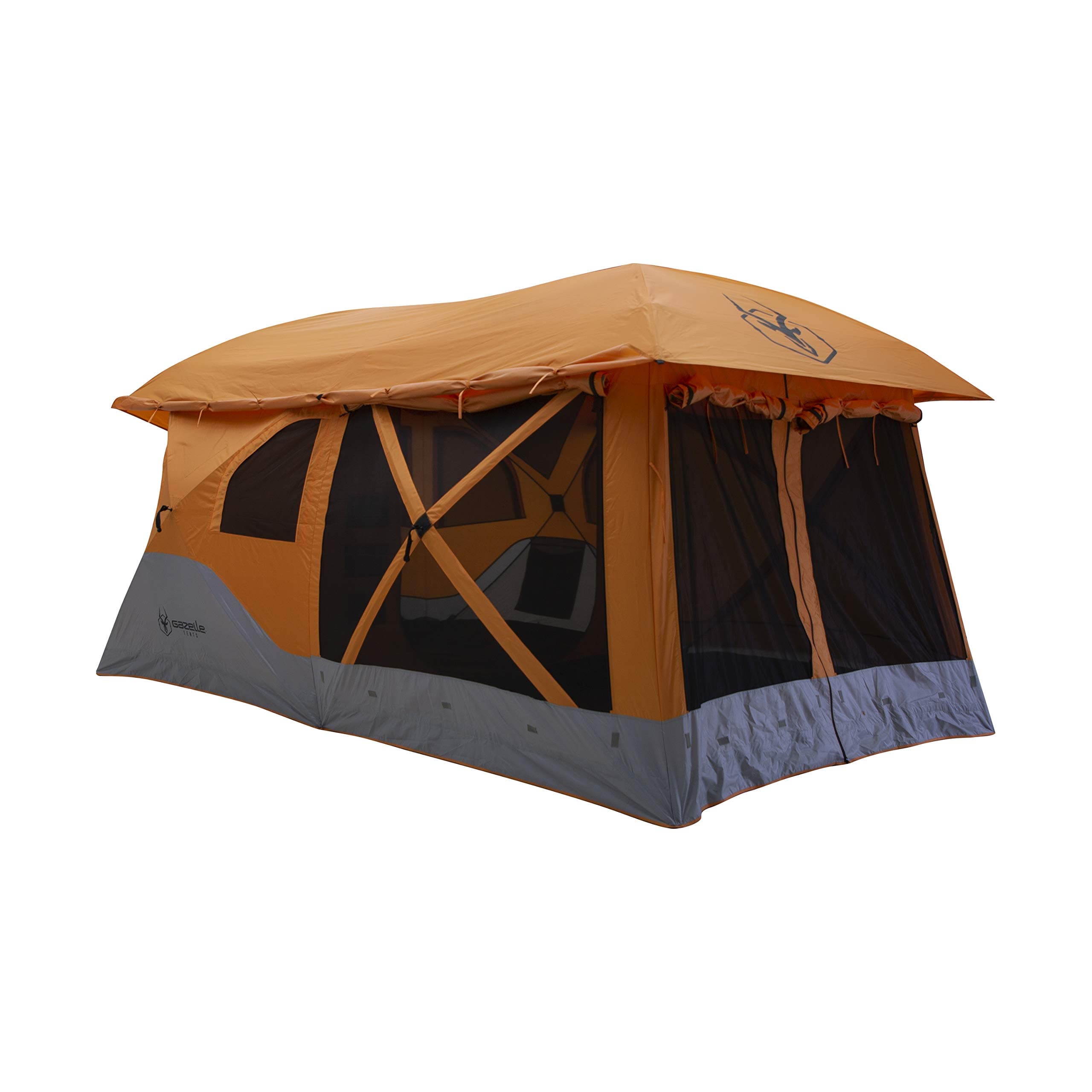 Gazelle T4 Plus Extra Large 4 to 8 Person Portable Pop Up Outdoor Shelter Camping Hub Tent with Rain Fly & Extended Screened in Sun Room, Orange