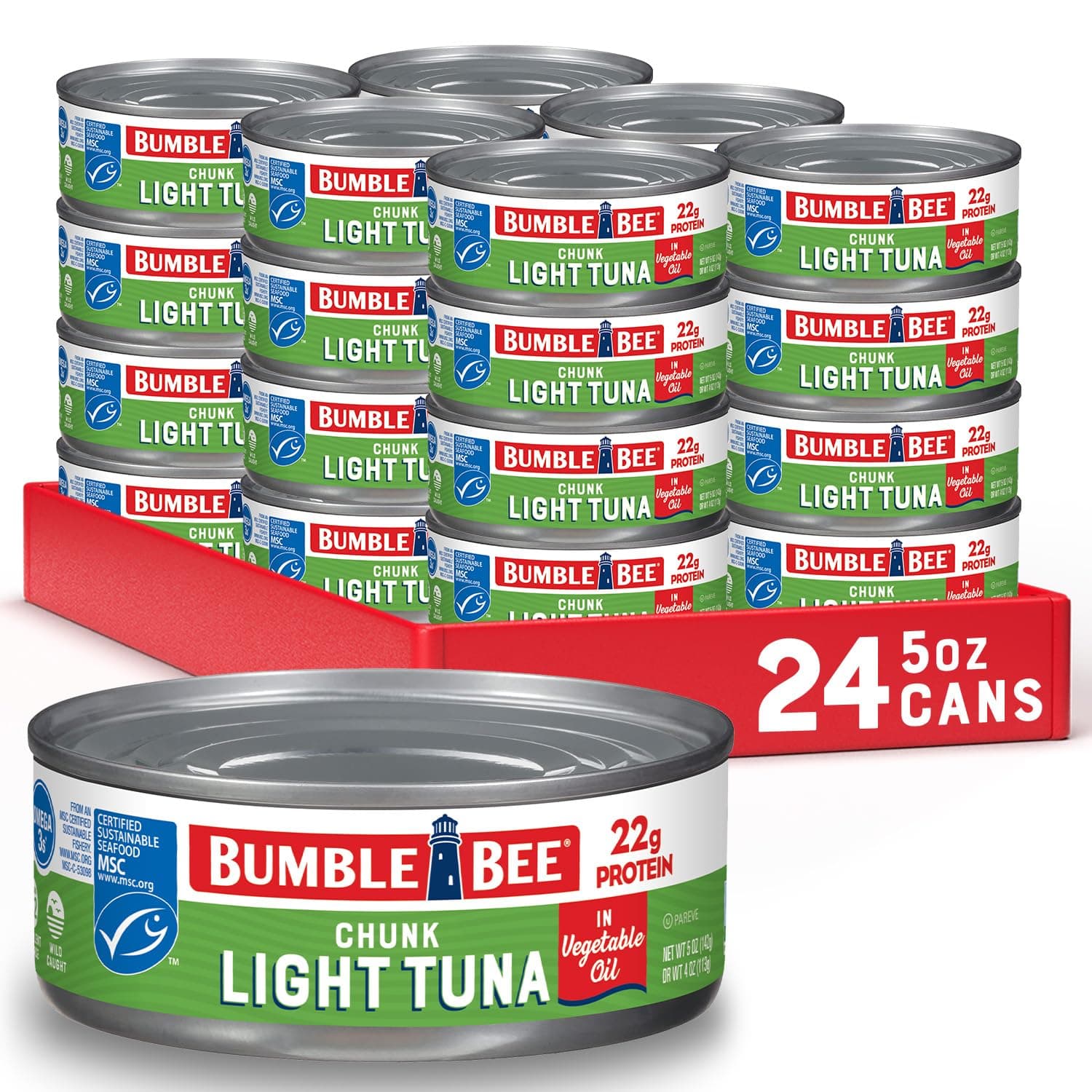 Bumble Bee Chunk Light Tuna In Oil, 5 oz Cans (Pack of 24) - Wild Caught Skipjack Tuna - 22g Protein Per Serving - MSC Certified Sustainable Seafood, Non-GMO, Gluten Free, Kosher